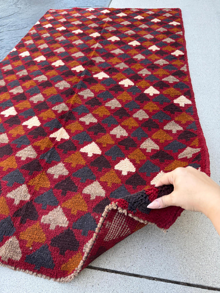 4x6 Handmade Vintage Afghan Baluch Rug | Brick Red Burnt Orange Copper Brown Black White Midnight Blue Light Grey | Wool Flatwoven