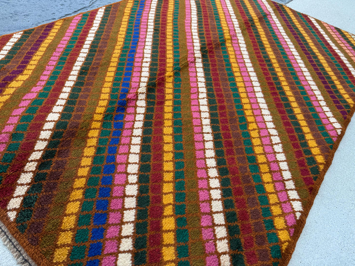 4x6 Handmade Vintage Afghan Baluch Rug | Copper Chocolate Brown Olive Pine Forest Green White Rose Salmon Pink Peach Brick Red Mustard Gold