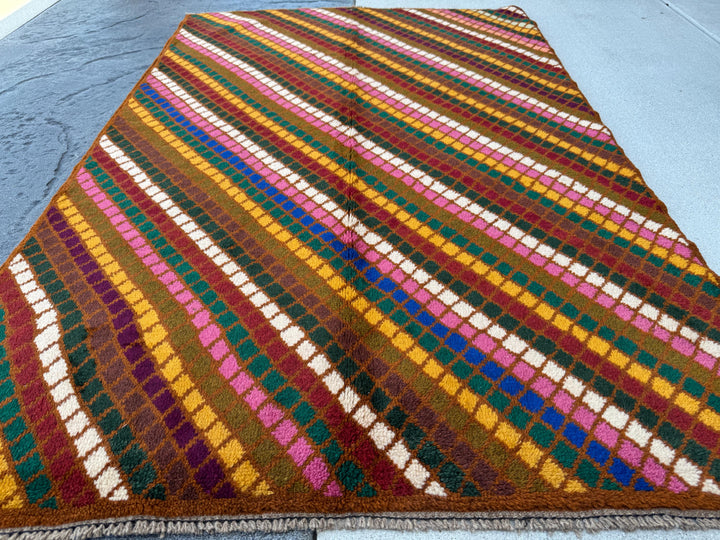 4x6 Handmade Vintage Afghan Baluch Rug | Copper Chocolate Brown Olive Pine Forest Green White Rose Salmon Pink Peach Brick Red Mustard Gold