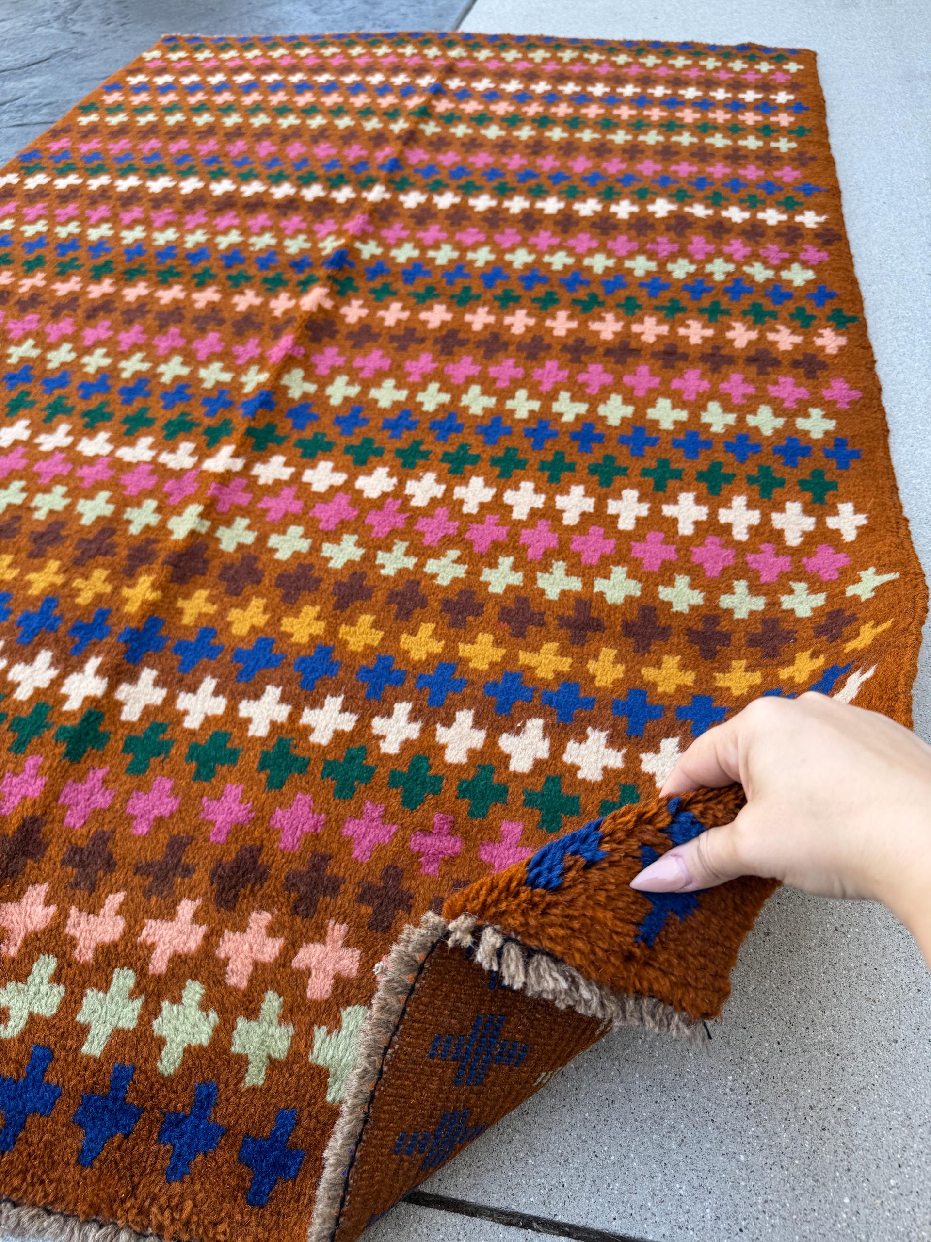 4x6 Handmade Vintage Afghan Baluch Rug | Copper Chocolate Brown Olive Pine Forest Green White Rose Salmon Pink Peach Brick Red Mustard Gold