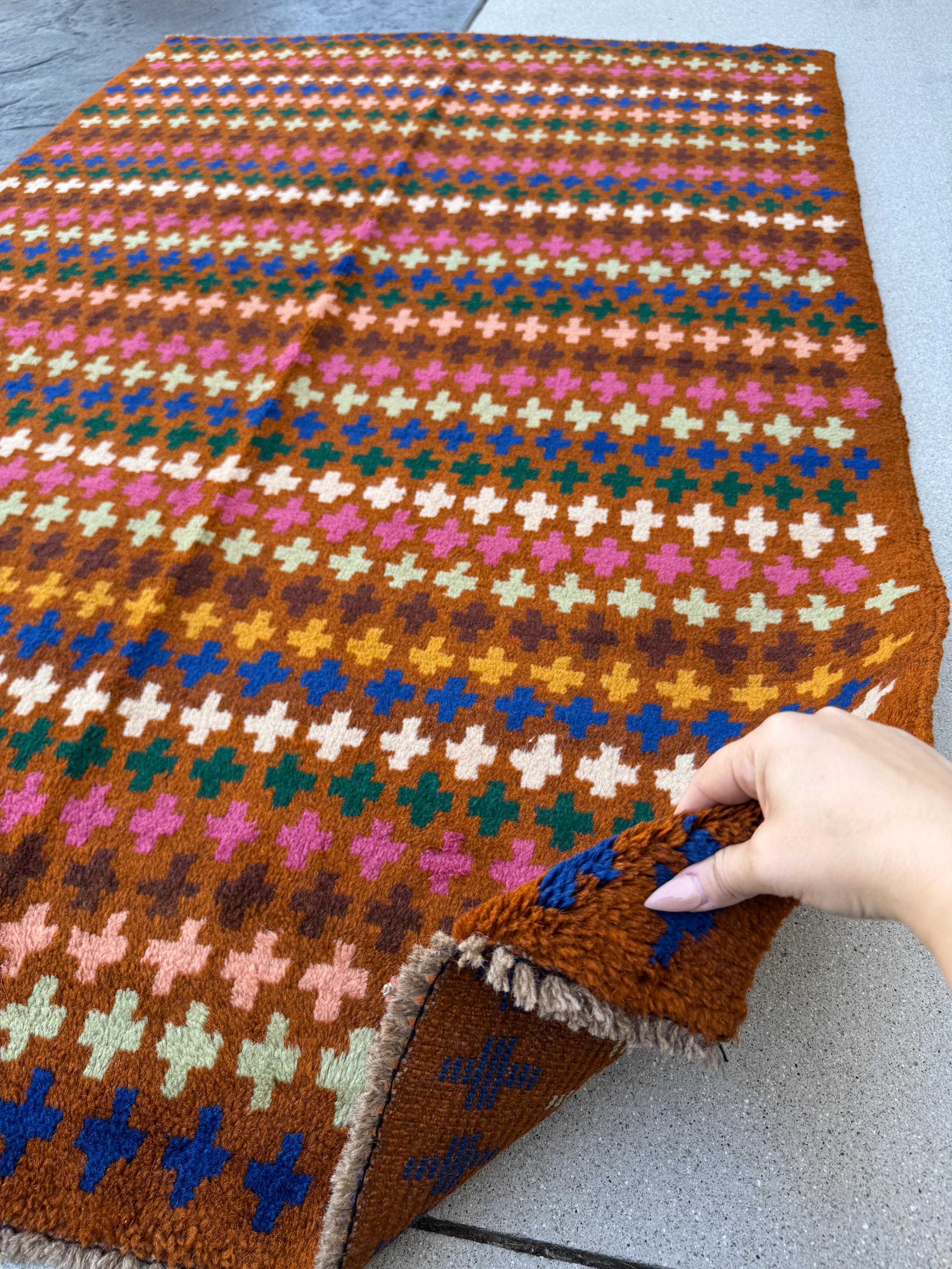4x6 Handmade Vintage Afghan Baluch Rug | Copper Chocolate Brown Olive Pine Forest Green White Rose Salmon Pink Peach Brick Red Mustard Gold