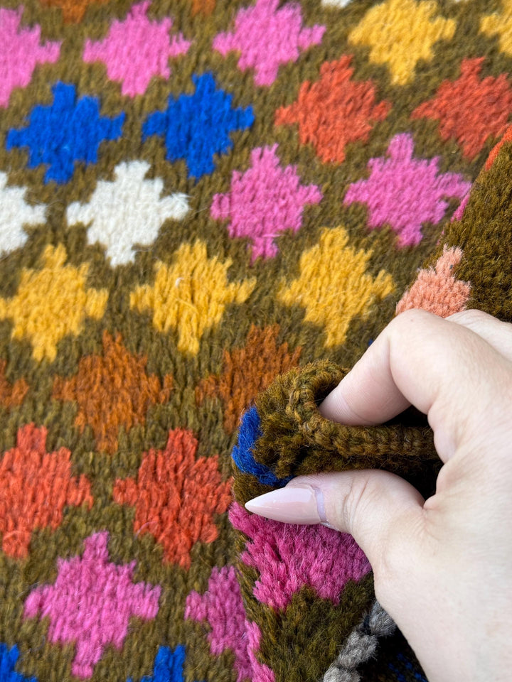 4x6 Handmade Vintage Afghan Baluch Rug | Olive Chocolate Brown White Navy Blue Rose Salmon Pink Peach Mustard Gold Brick Red Burnt Orange