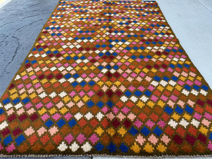 4x6 Handmade Vintage Afghan Baluch Rug | Olive Chocolate Brown White Navy Blue Rose Salmon Pink Peach Mustard Gold Brick Red Burnt Orange