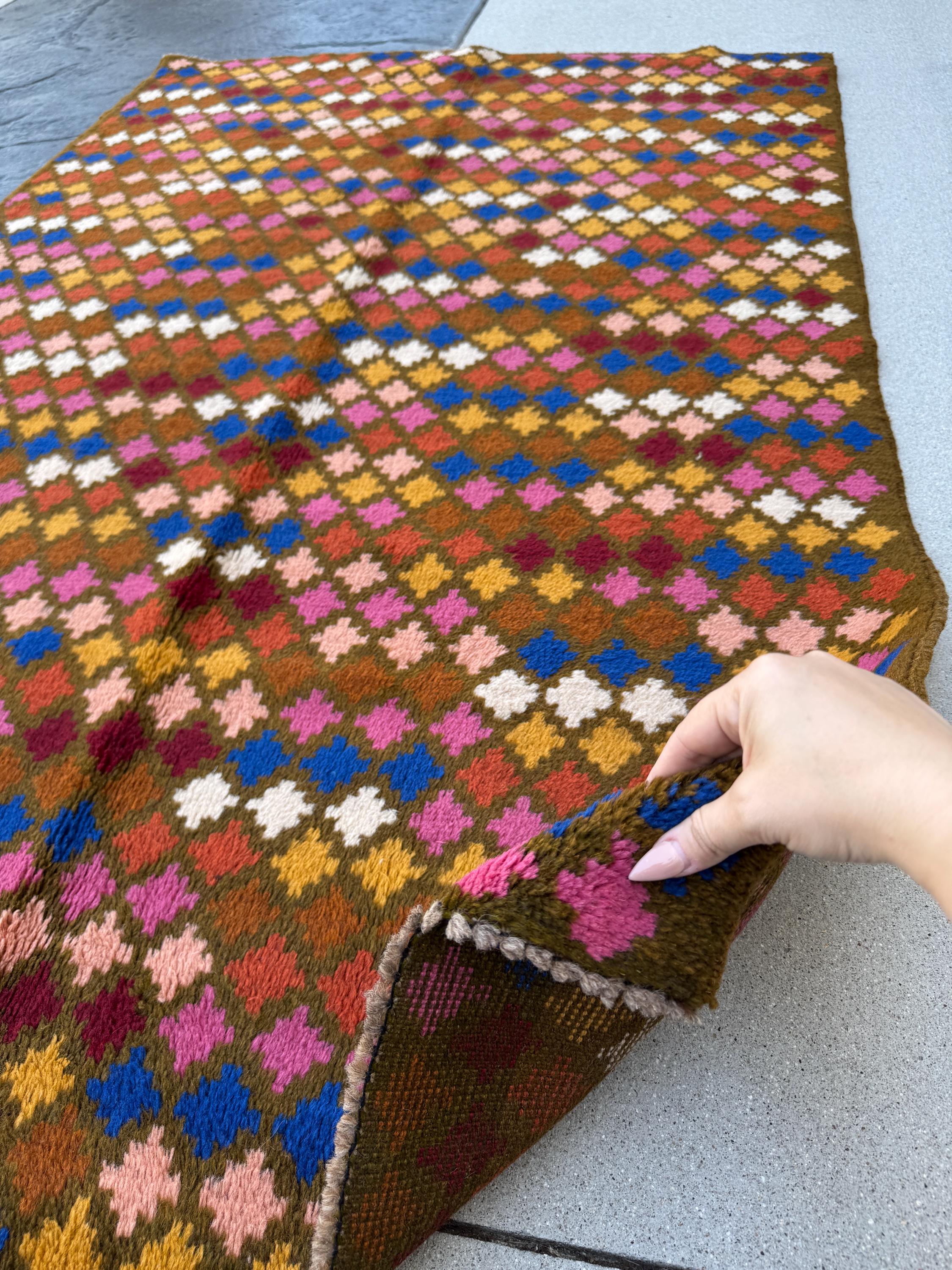 4x6 Handmade Vintage Afghan Baluch Rug | Olive Chocolate Brown White Navy Blue Rose Salmon Pink Peach Mustard Gold Brick Red Burnt Orange