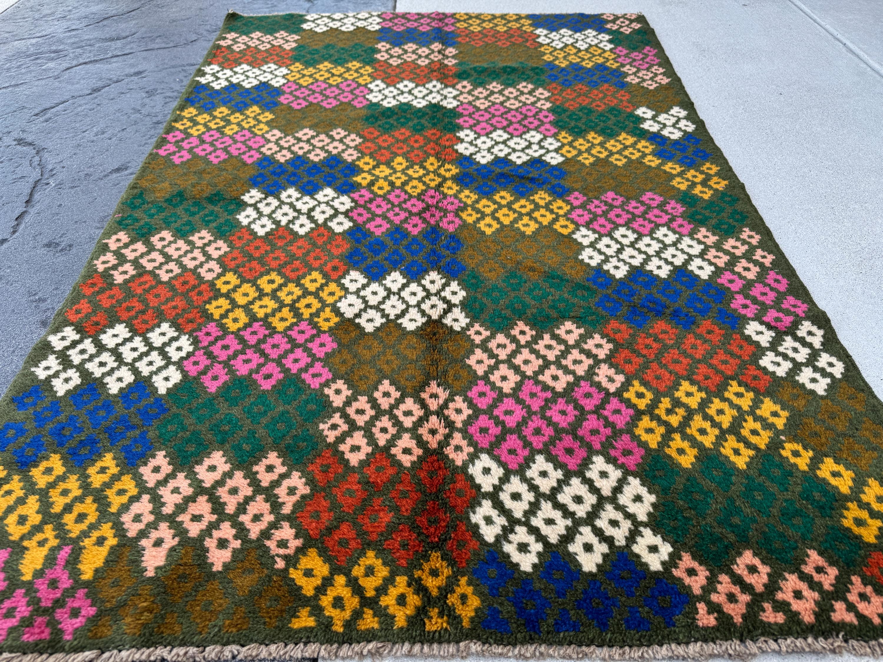 4x6 Handmade Vintage Afghan Baluch Rug | Pine Forest Olive Green Salmon Rose Pink Peach White Navy Blue Mustard Yellow Gold Burnt Orange