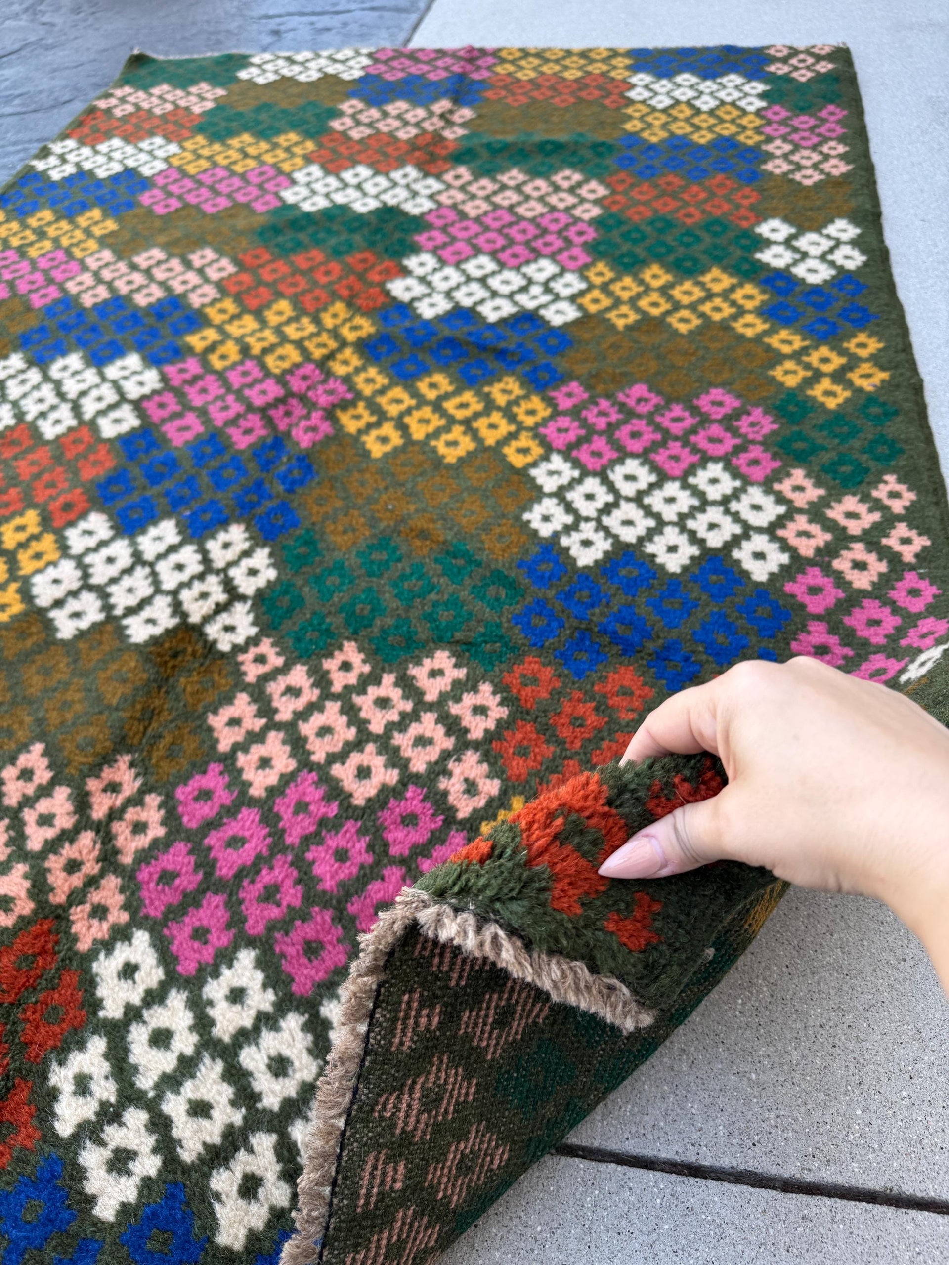 4x6 Handmade Vintage Afghan Baluch Rug | Pine Forest Olive Green Salmon Rose Pink Peach White Navy Blue Mustard Yellow Gold Burnt Orange