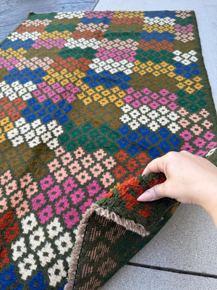 4x6 Handmade Vintage Afghan Baluch Rug | Pine Forest Olive Green Salmon Rose Pink Peach White Navy Blue Mustard Yellow Gold Burnt Orange