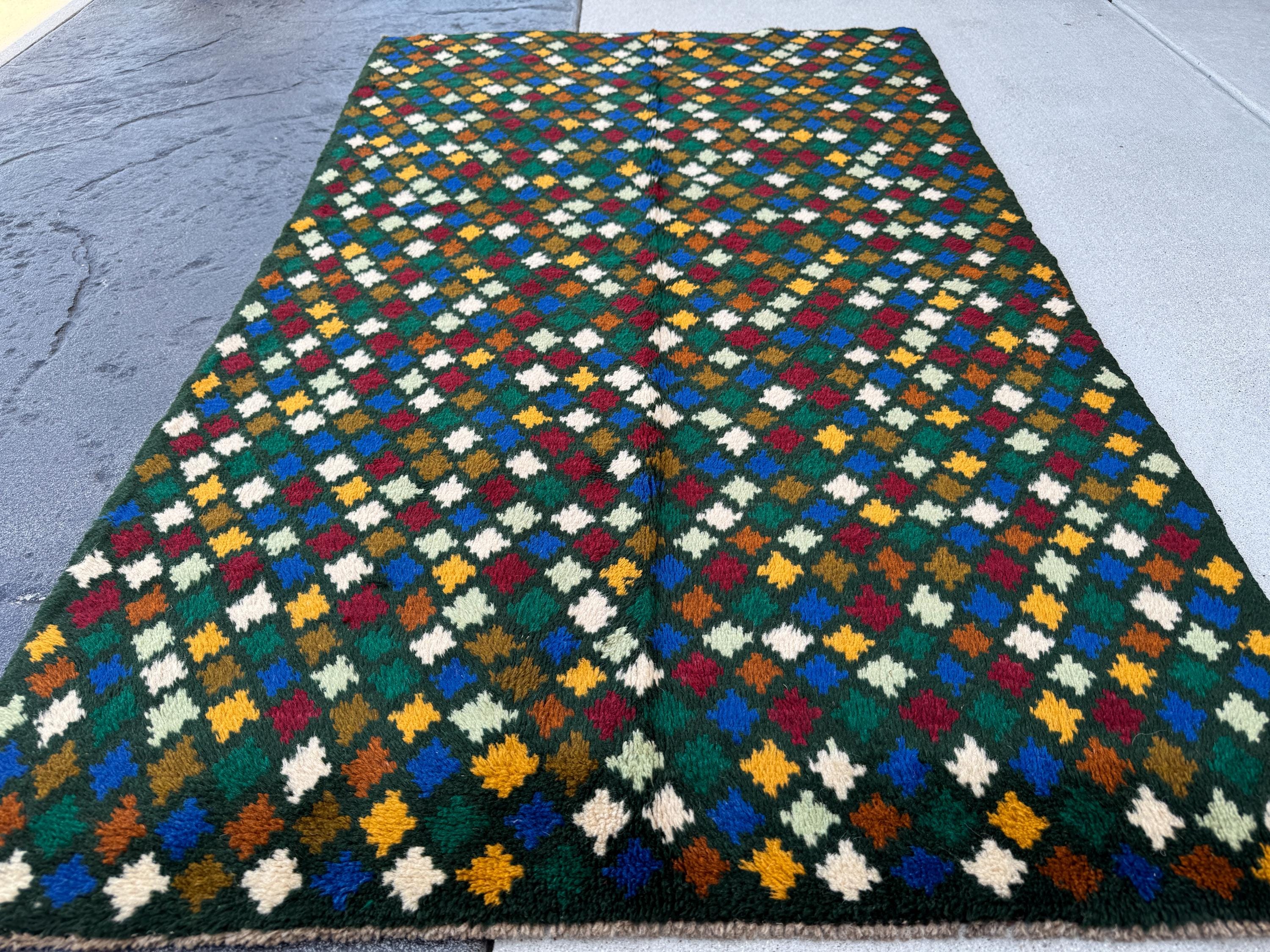 4x6 Handmade Vintage Afghan Baluch Rug | Forest Pine Mint Olive Green Mustard Yellow Gold White Navy Blue Brick Red | Wool Flatwoven