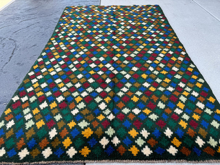 4x6 Handmade Vintage Afghan Baluch Rug | Forest Pine Mint Olive Green Mustard Yellow Gold White Navy Blue Brick Red | Wool Flatwoven