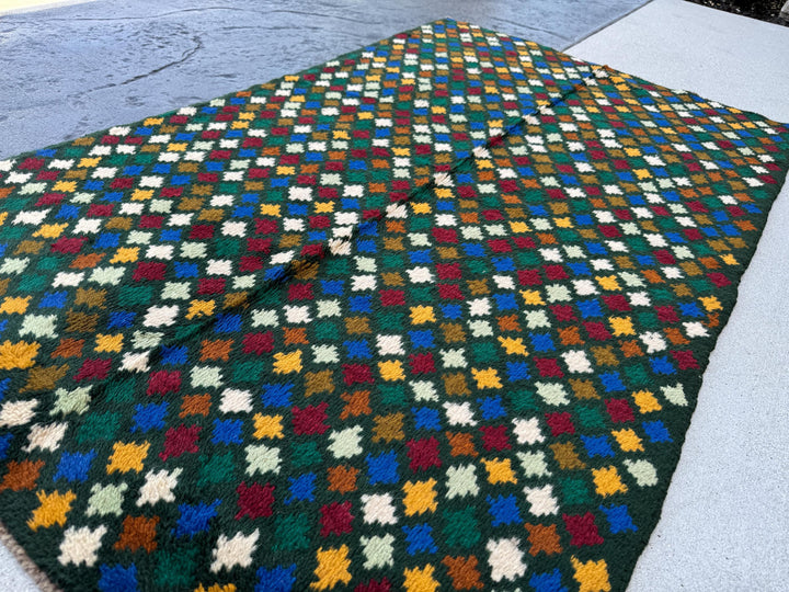 4x6 Handmade Vintage Afghan Baluch Rug | Forest Pine Mint Olive Green Mustard Yellow Gold White Navy Blue Brick Red | Wool Flatwoven