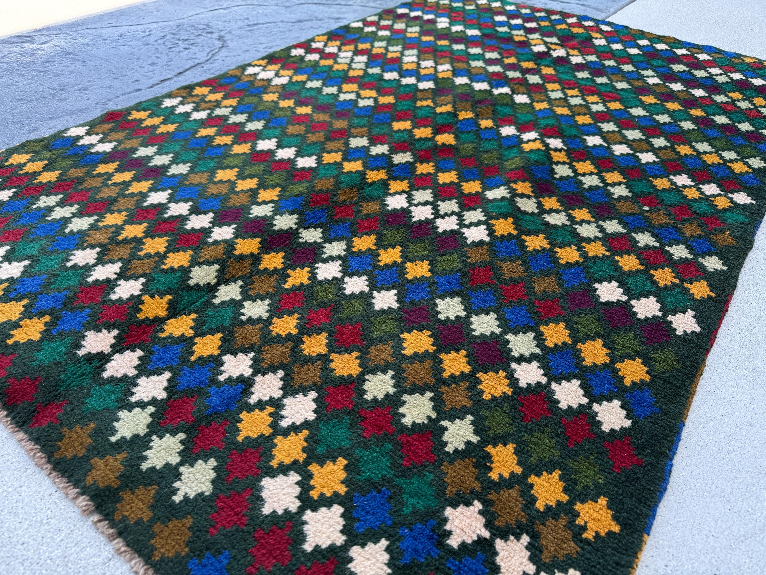 4x6 Handmade Vintage Afghan Baluch Rug | Forest Pine Mint Olive Mint Green Mustard Yellow Gold White Navy Blue Brick Red Eggplant Purple