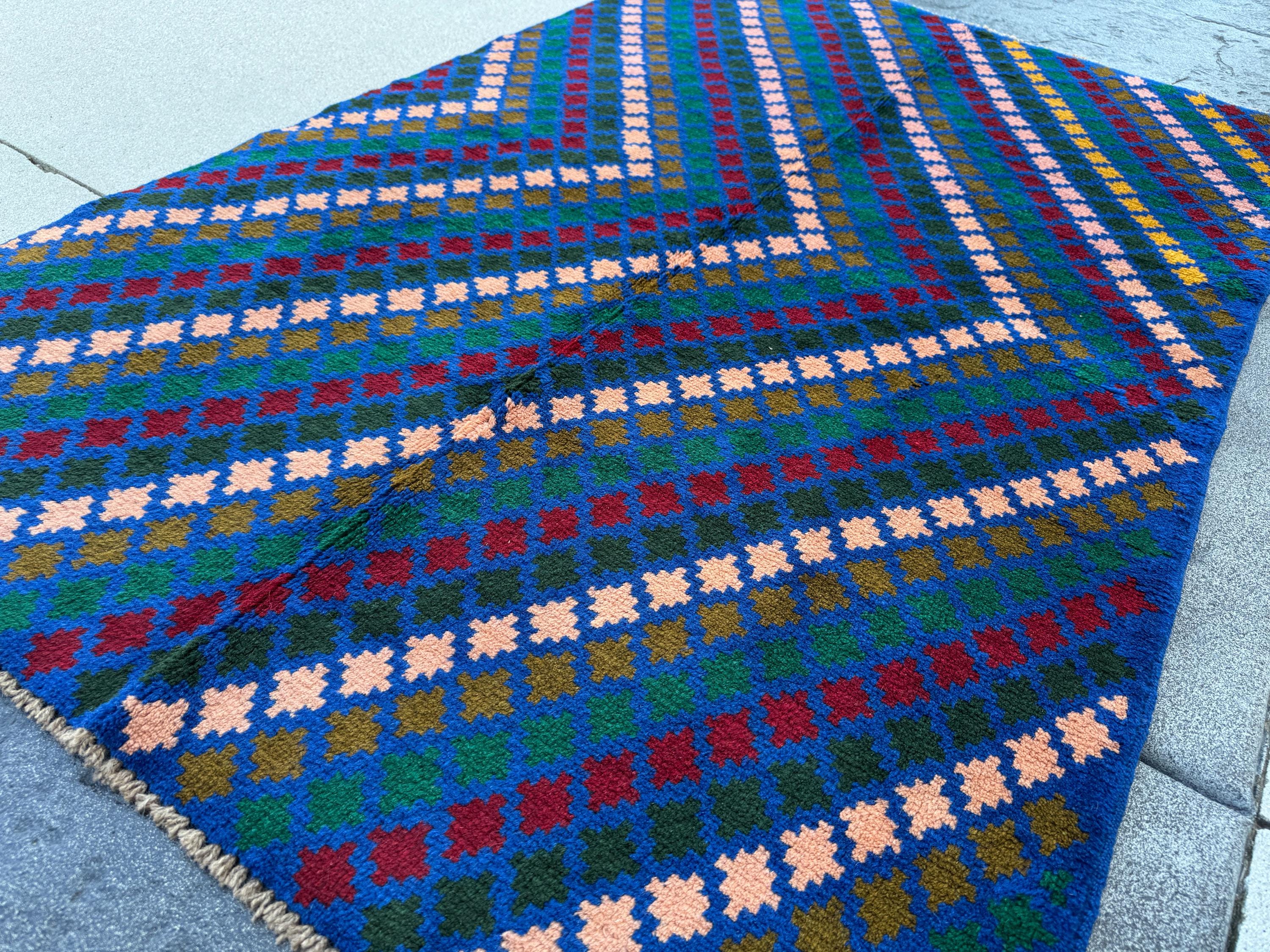 4x6 Handmade Vintage Afghan Baluch Rug | Navy Blue Forest Pine Olive Green Brick Red Salmon Pink Peach Mustard Yellow Gold | Wool Flatwoven