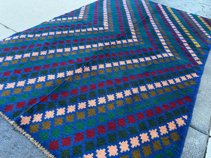 4x6 Handmade Vintage Afghan Baluch Rug | Navy Blue Forest Pine Olive Green Brick Red Salmon Pink Peach Mustard Yellow Gold | Wool Flatwoven