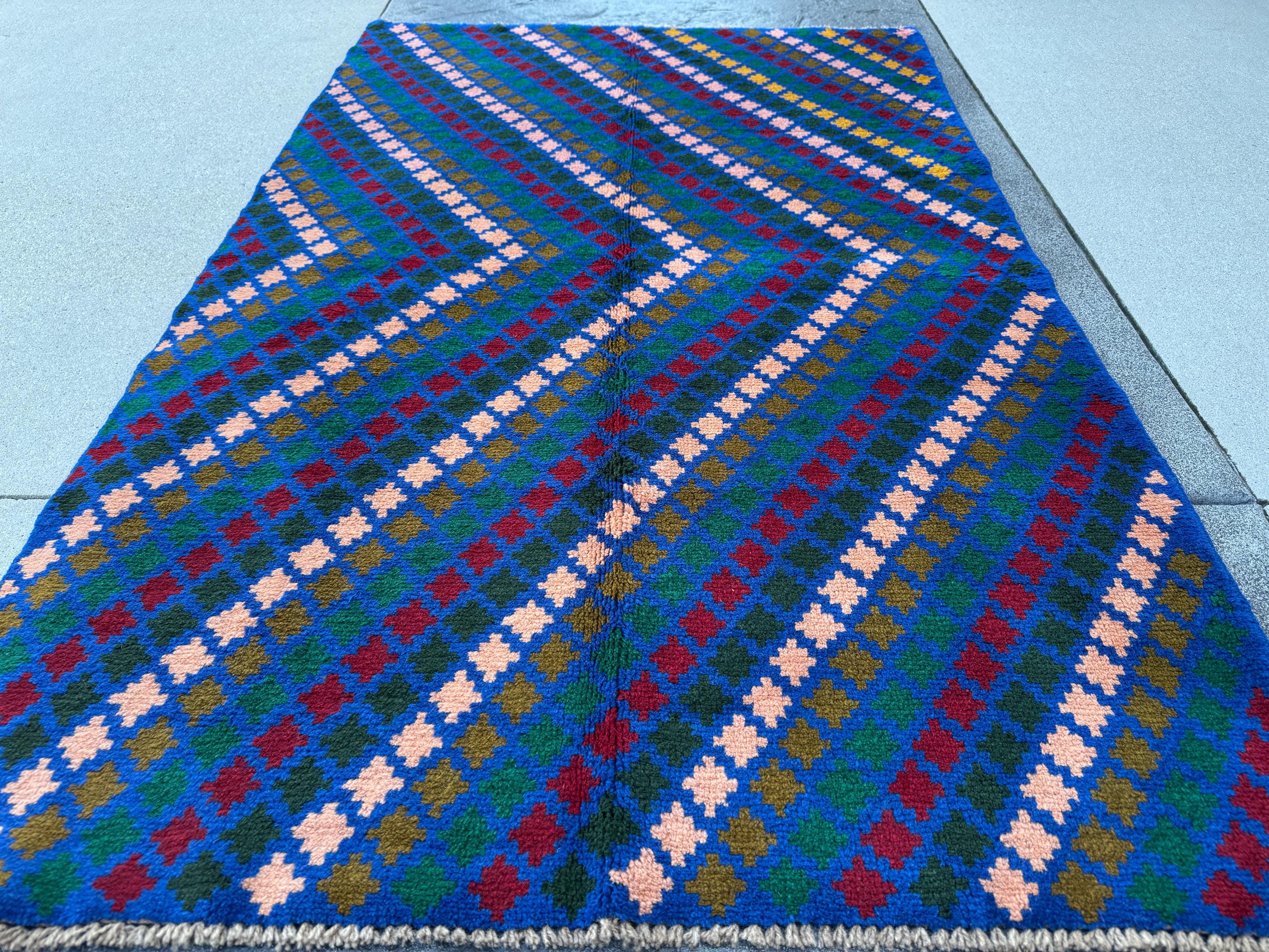 4x6 Handmade Vintage Afghan Baluch Rug | Navy Blue Forest Pine Olive Green Brick Red Salmon Pink Peach Mustard Yellow Gold | Wool Flatwoven
