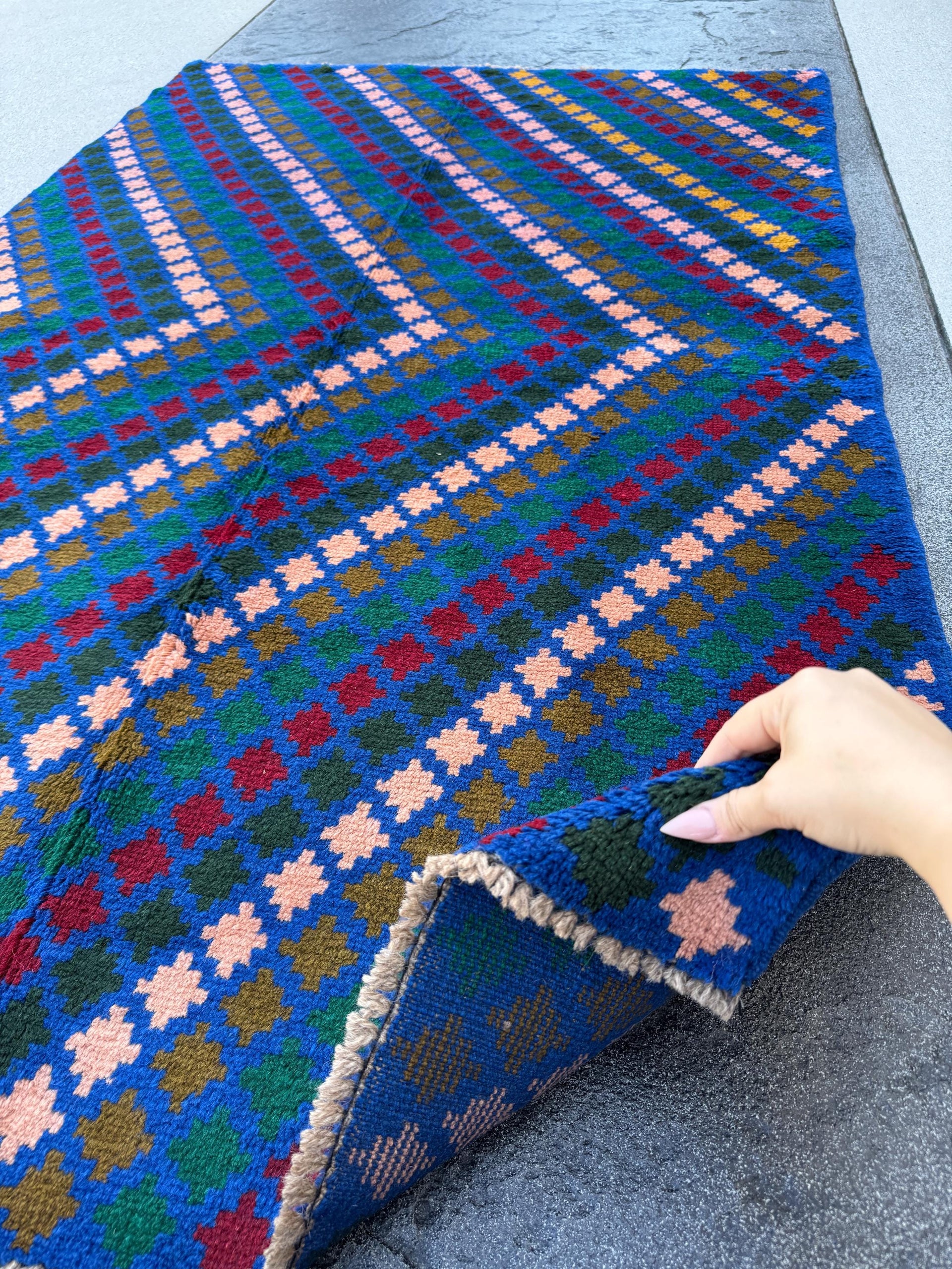 4x6 Handmade Vintage Afghan Baluch Rug | Navy Blue Forest Pine Olive Green Brick Red Salmon Pink Peach Mustard Yellow Gold | Wool Flatwoven