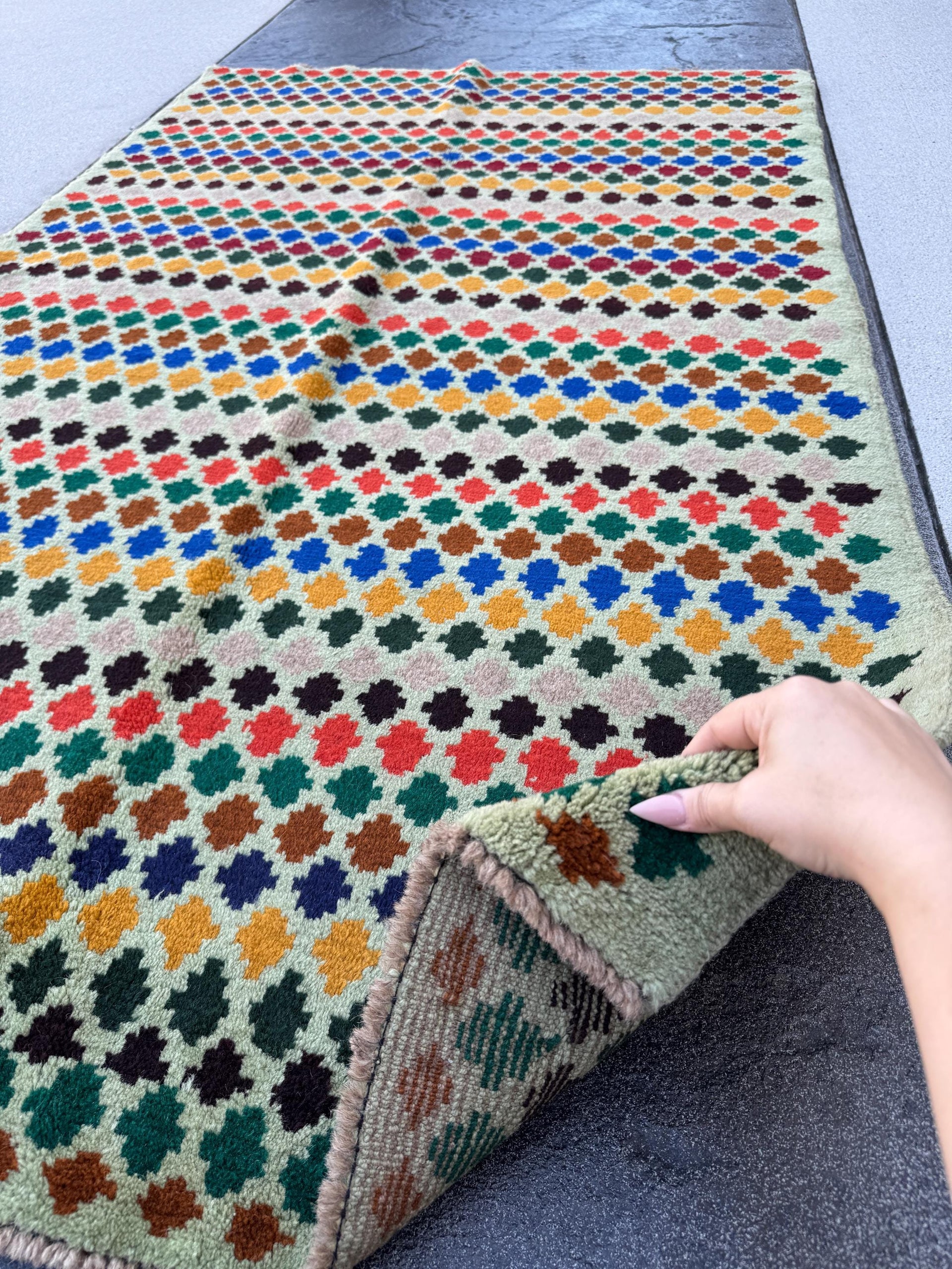 4x7 Handmade Vintage Afghan Baluch Rug | Mint Forest Pine Green Mustard Yellow Gold Copper Brown LIght Grey Black Burnt Orange Brick Red