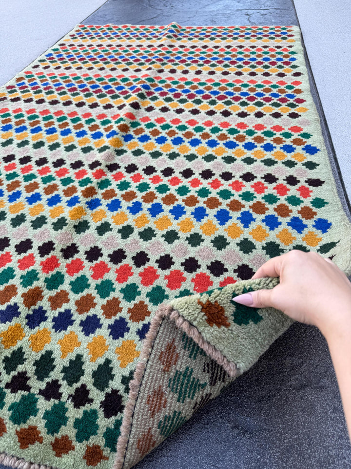 4x7 Handmade Vintage Afghan Baluch Rug | Mint Forest Pine Green Mustard Yellow Gold Copper Brown LIght Grey Black Burnt Orange Brick Red