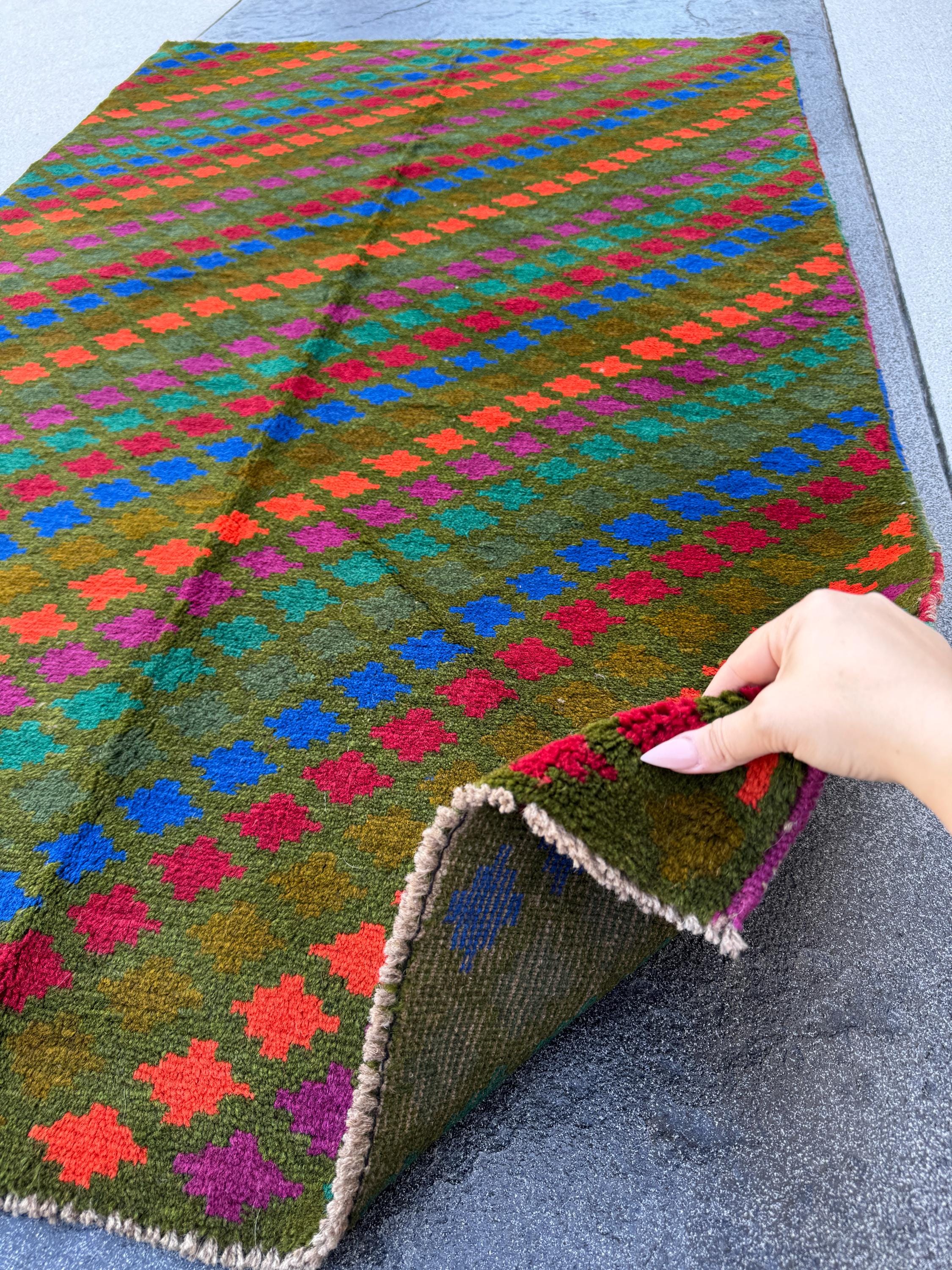 4x6 Handmade Vintage Afghan Baluch Rug | Moss Olive Forest Pine Green Brick Red Magenta Burnt Orange Navy Blue | Wool Flatwoven