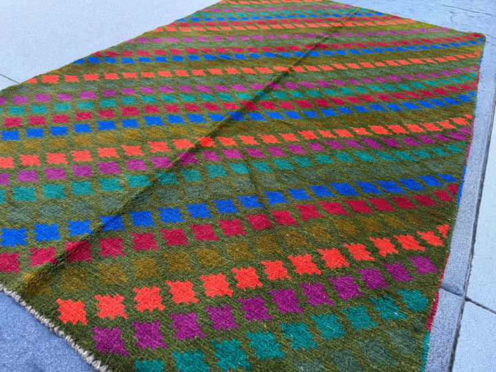 4x6 Handmade Vintage Afghan Baluch Rug | Moss Olive Forest Pine Green Brick Red Magenta Burnt Orange Navy Blue | Wool Flatwoven