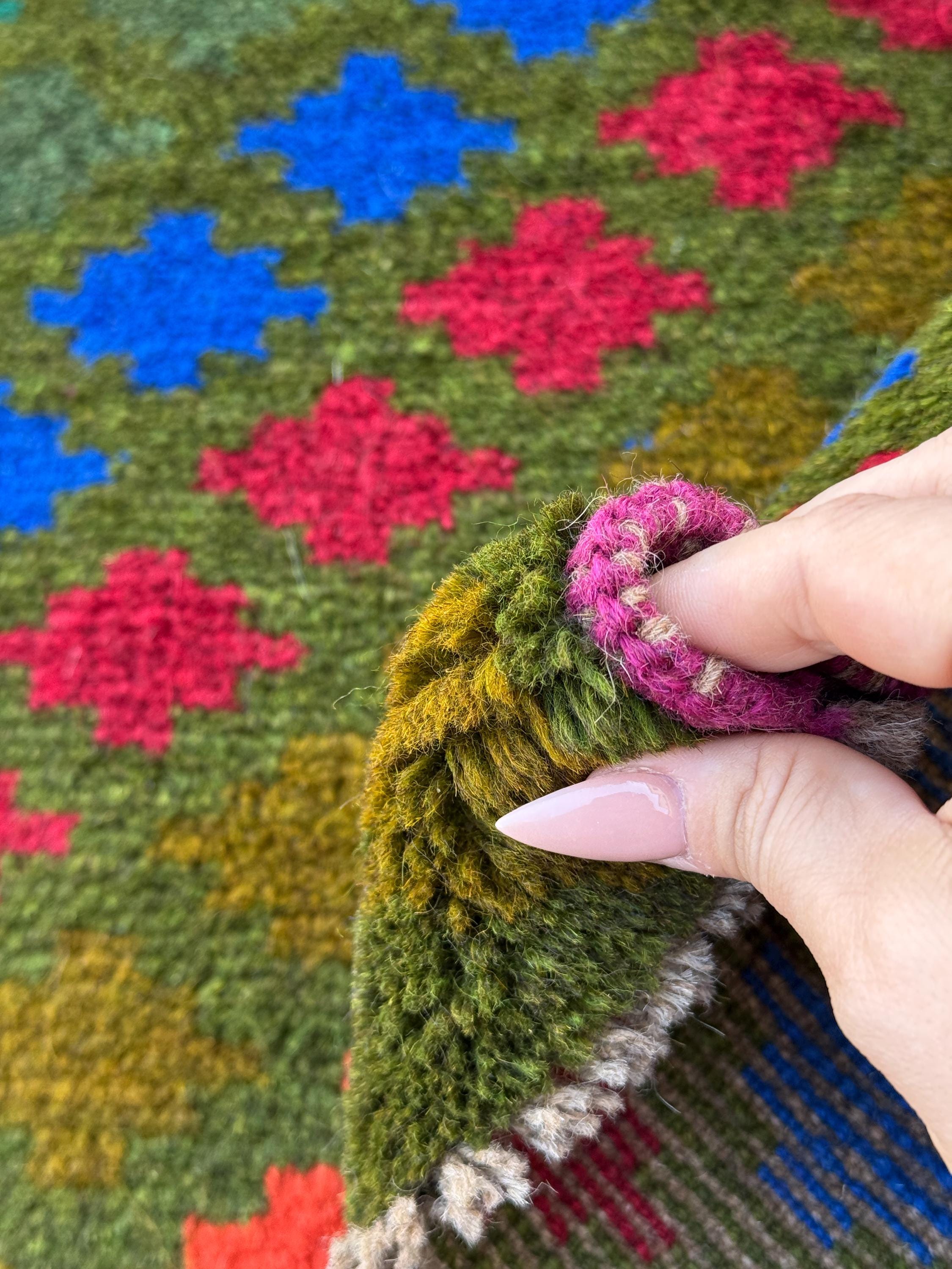 4x6 Handmade Vintage Afghan Baluch Rug | Moss Olive Forest Pine Green Brick Red Magenta Burnt Orange Navy Blue | Wool Flatwoven