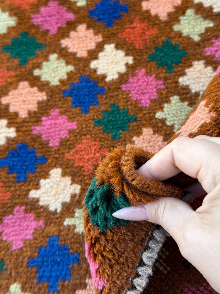 4x6 Handmade Vintage Afghan Baluch Rug | Chocolate Brown Navy Blue White Forest Mint Green Burnt Orange Rose Salmon Pink Peach | Wool