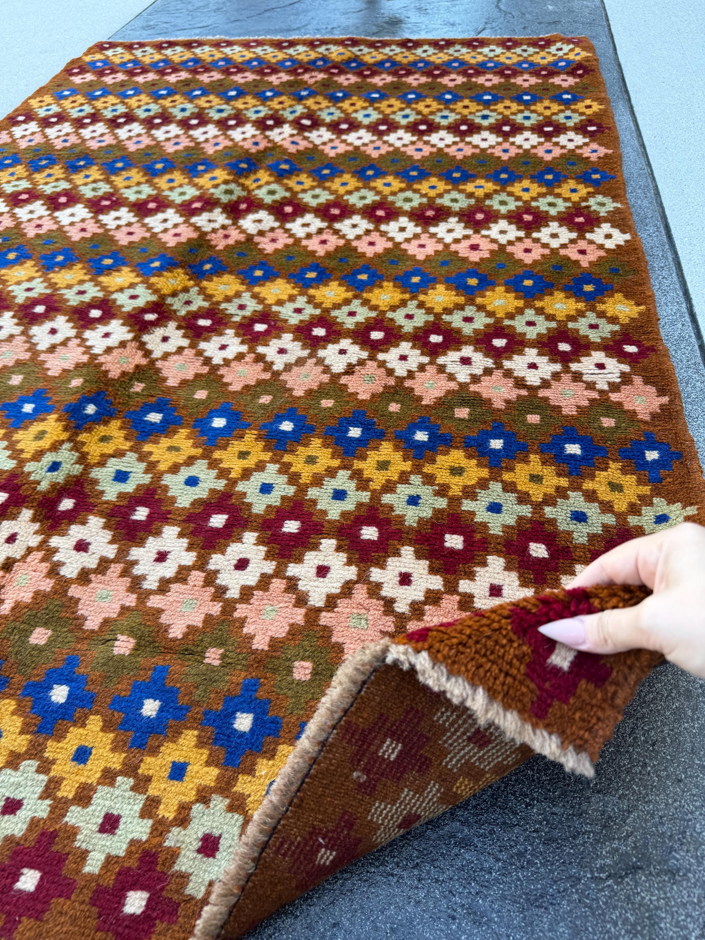 4x6 Handmade Vintage Afghan Baluch Rug | Chocolate Brown Navy Blue White Olive Mint Green Brick Red Salmon Pink Peach Mustard Yellow Gold