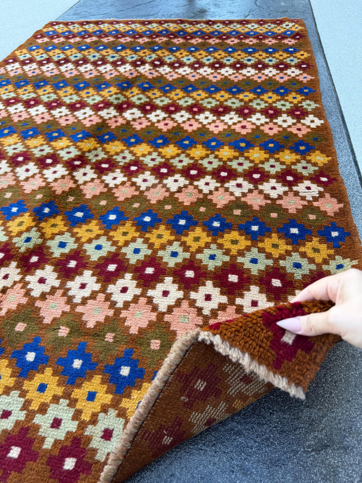 4x6 Handmade Vintage Afghan Baluch Rug | Chocolate Brown Navy Blue White Olive Mint Green Brick Red Salmon Pink Peach Mustard Yellow Gold