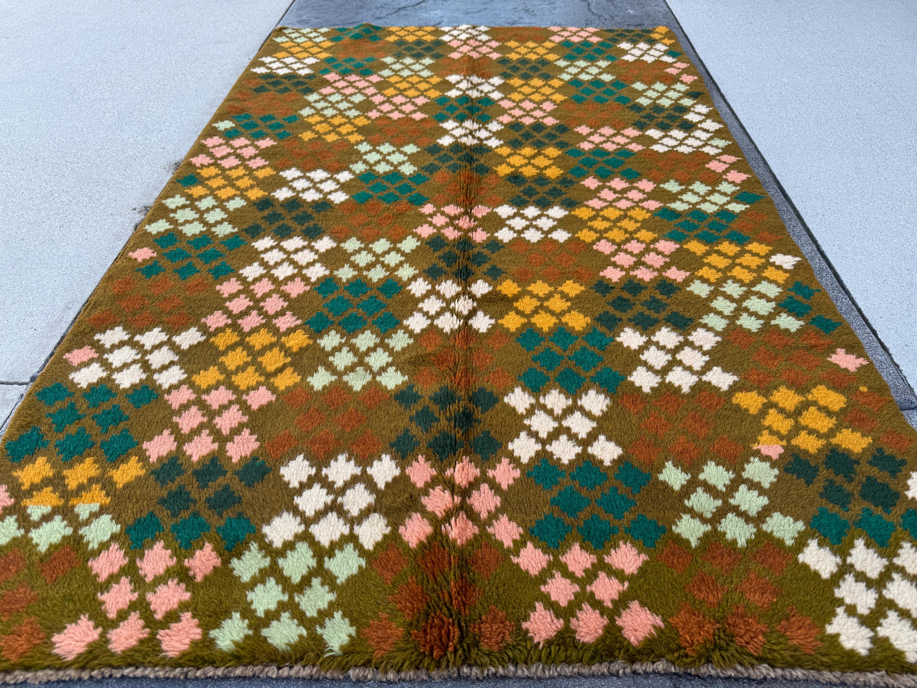 4x6 Handmade Vintage Afghan Baluch Rug | Olive Forest Pine Mint Green White Chocolate Brown Mustard Yellow Gold Salmon Pink Peach | Wool