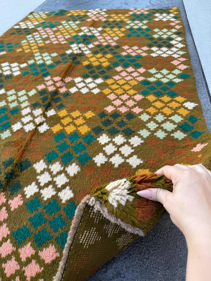 4x6 Handmade Vintage Afghan Baluch Rug | Olive Forest Pine Mint Green White Chocolate Brown Mustard Yellow Gold Salmon Pink Peach | Wool