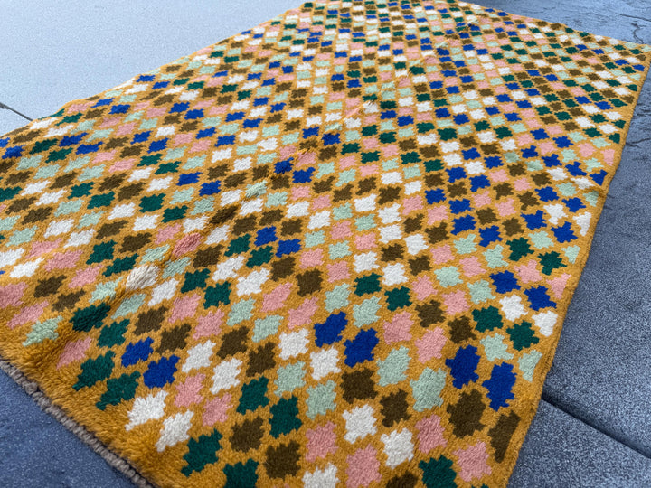 4x6 Handmade Vintage Afghan Baluch Rug | Mustard Yellow Olive Forest Mint Green Salmon Pink Peach Navy Blue White | Wool Flatwoven