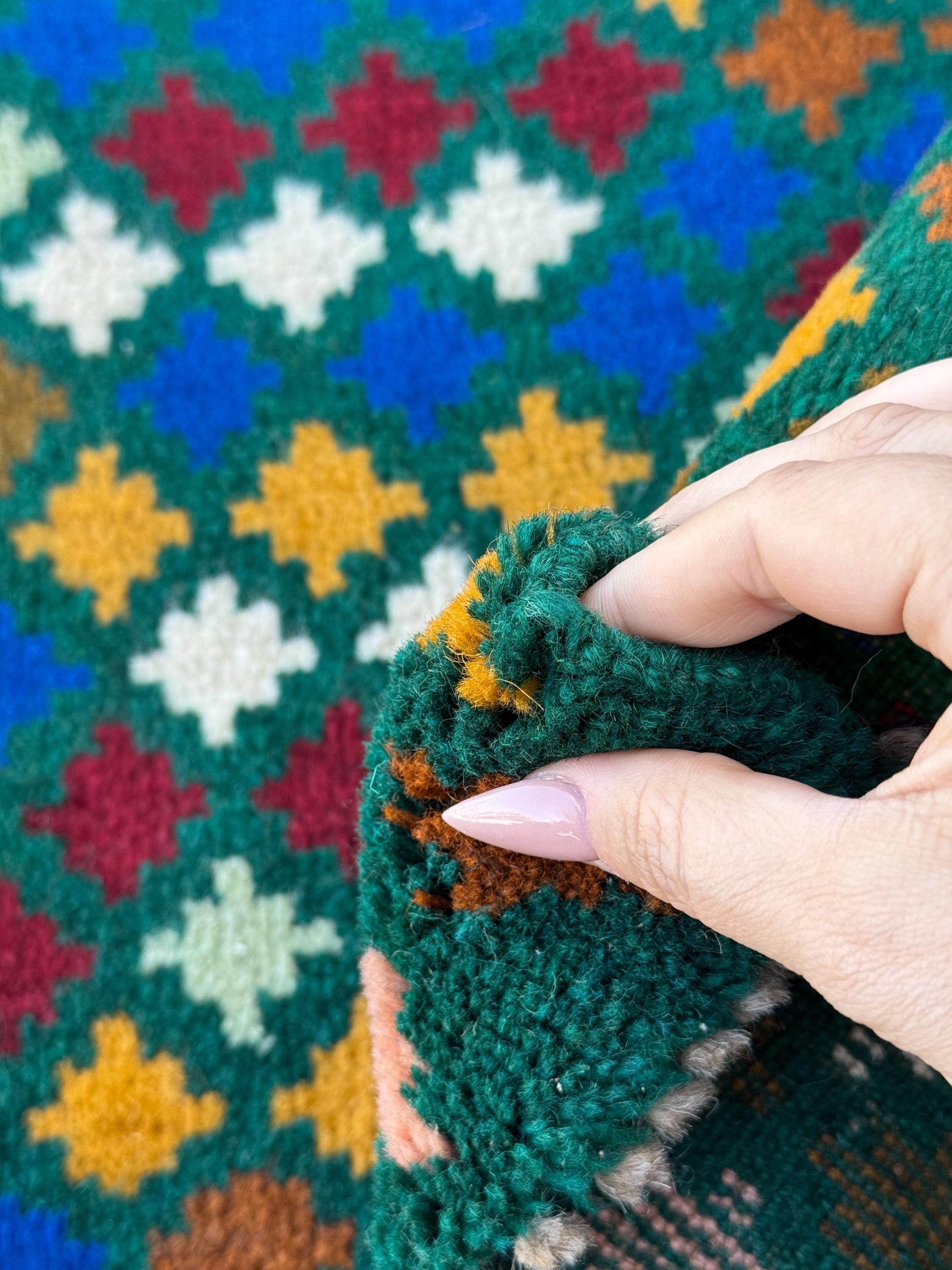 4x6 Handmade Vintage Afghan Baluch Rug | Forest Mint Olive Green Salmon Pink Peach Navy Blue Copper Brown Brick Red | Wool Flatwoven