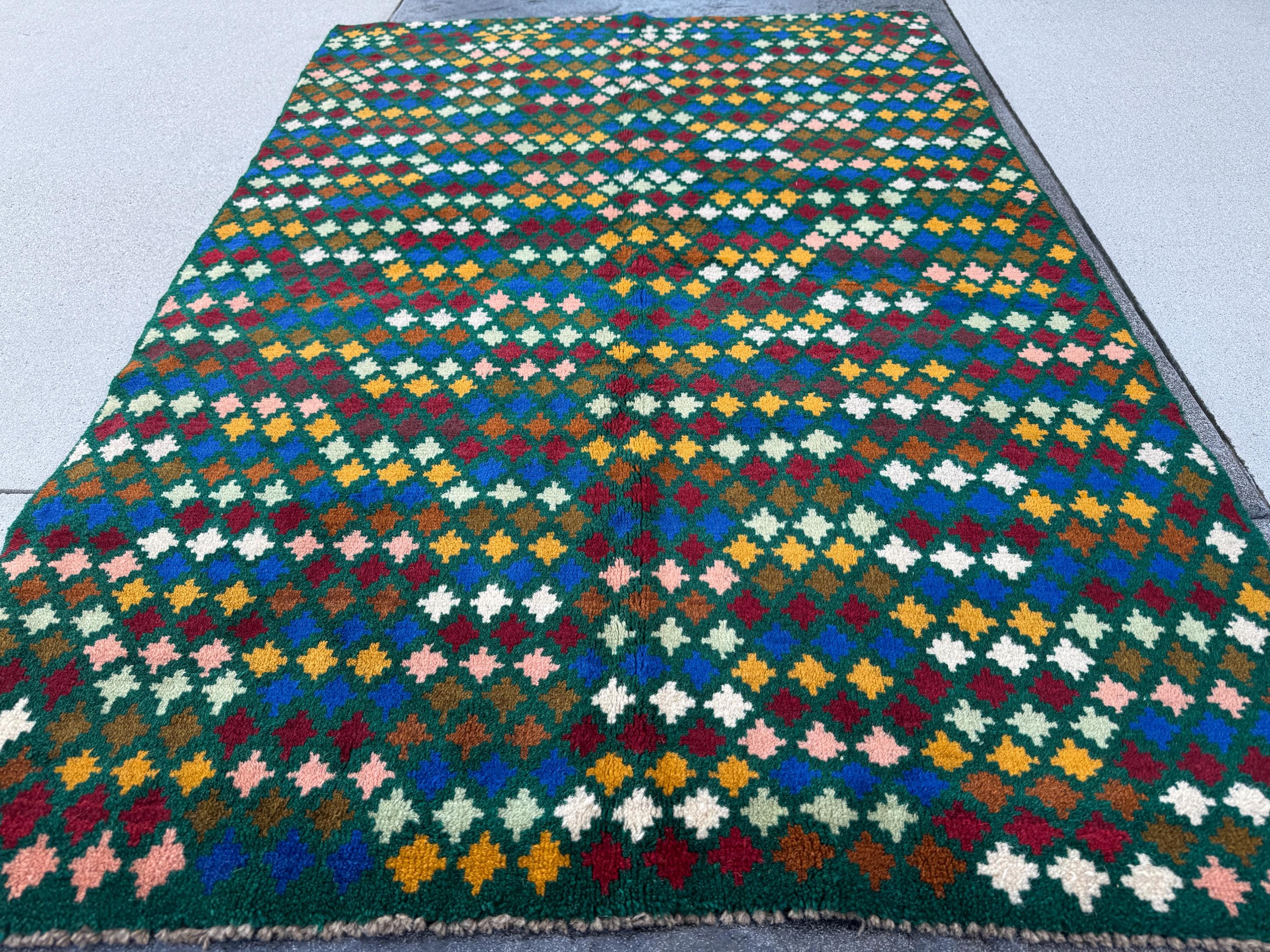 4x6 Handmade Vintage Afghan Baluch Rug | Forest Mint Olive Green Salmon Pink Peach Navy Blue Copper Brown Brick Red | Wool Flatwoven