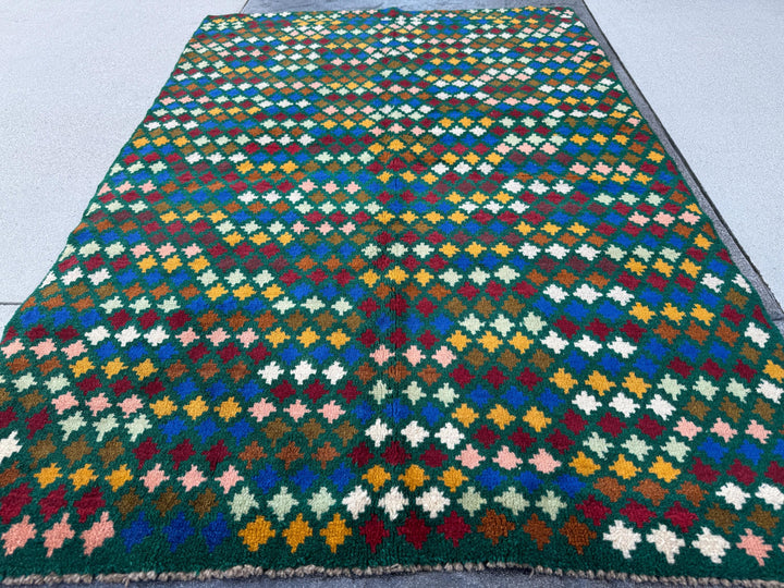 4x6 Handmade Vintage Afghan Baluch Rug | Forest Mint Olive Green Salmon Pink Peach Navy Blue Copper Brown Brick Red | Wool Flatwoven