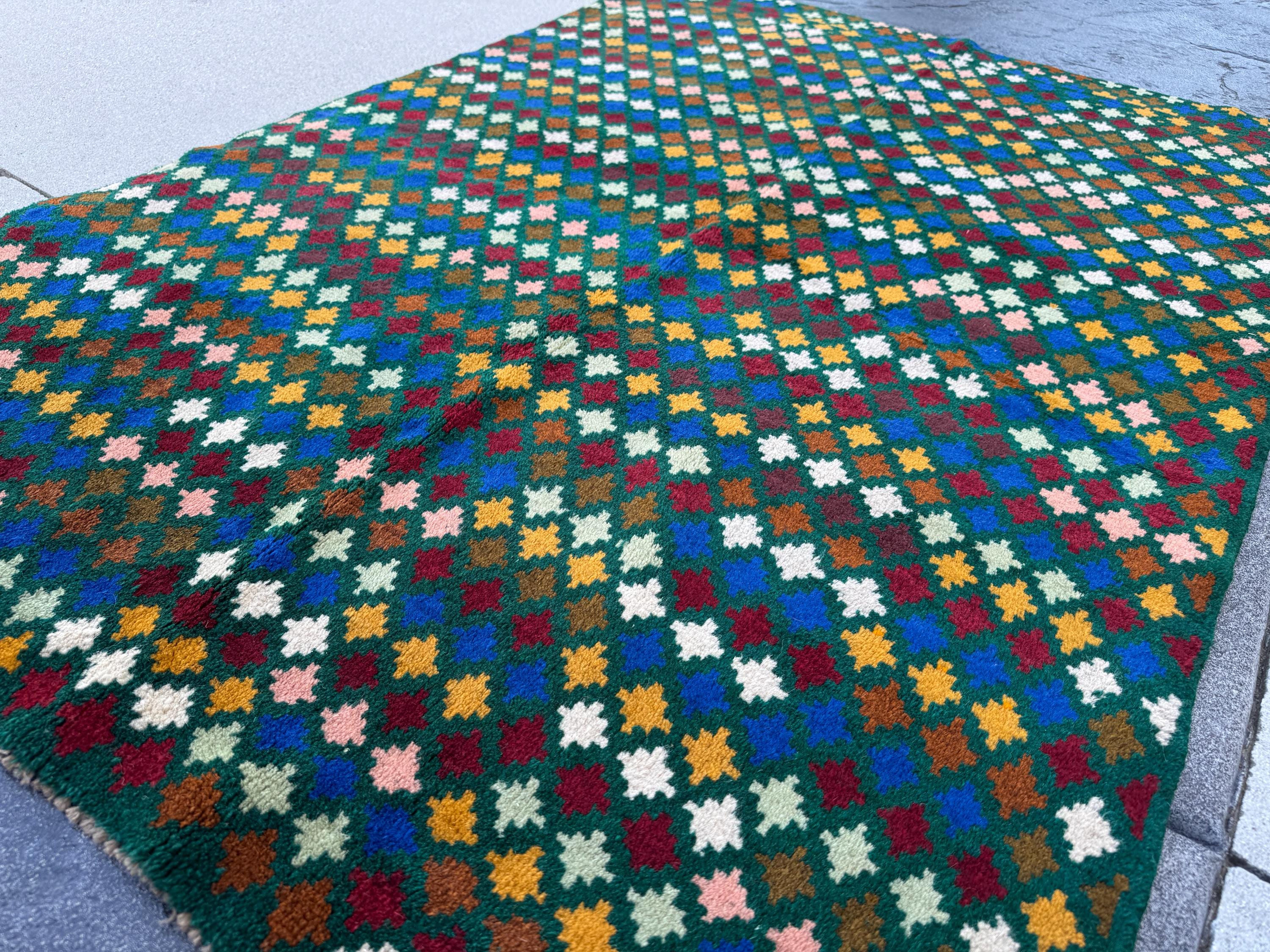 4x6 Handmade Vintage Afghan Baluch Rug | Forest Mint Olive Green Salmon Pink Peach Navy Blue Copper Brown Brick Red | Wool Flatwoven