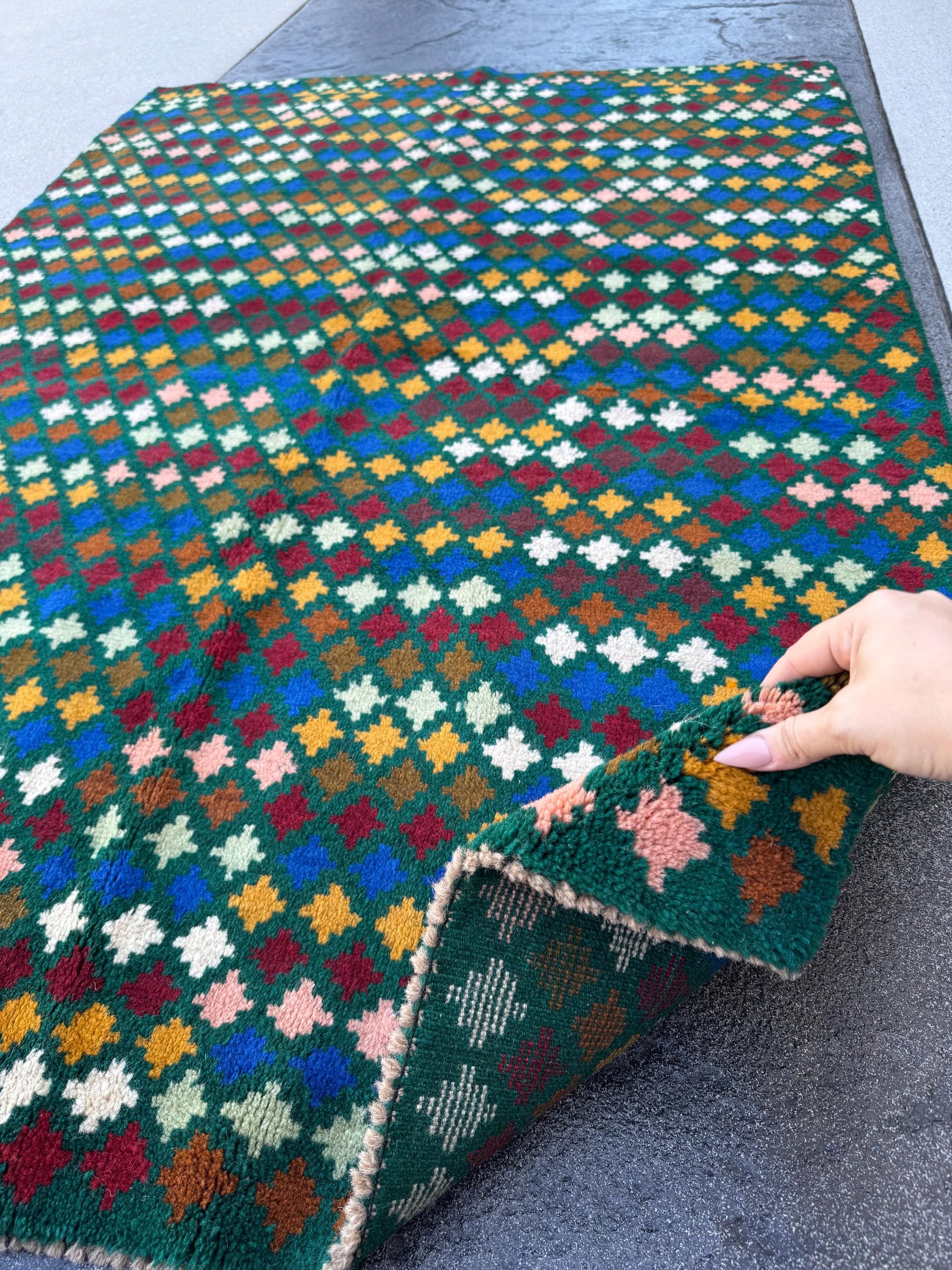4x6 Handmade Vintage Afghan Baluch Rug | Forest Mint Olive Green Salmon Pink Peach Navy Blue Copper Brown Brick Red | Wool Flatwoven
