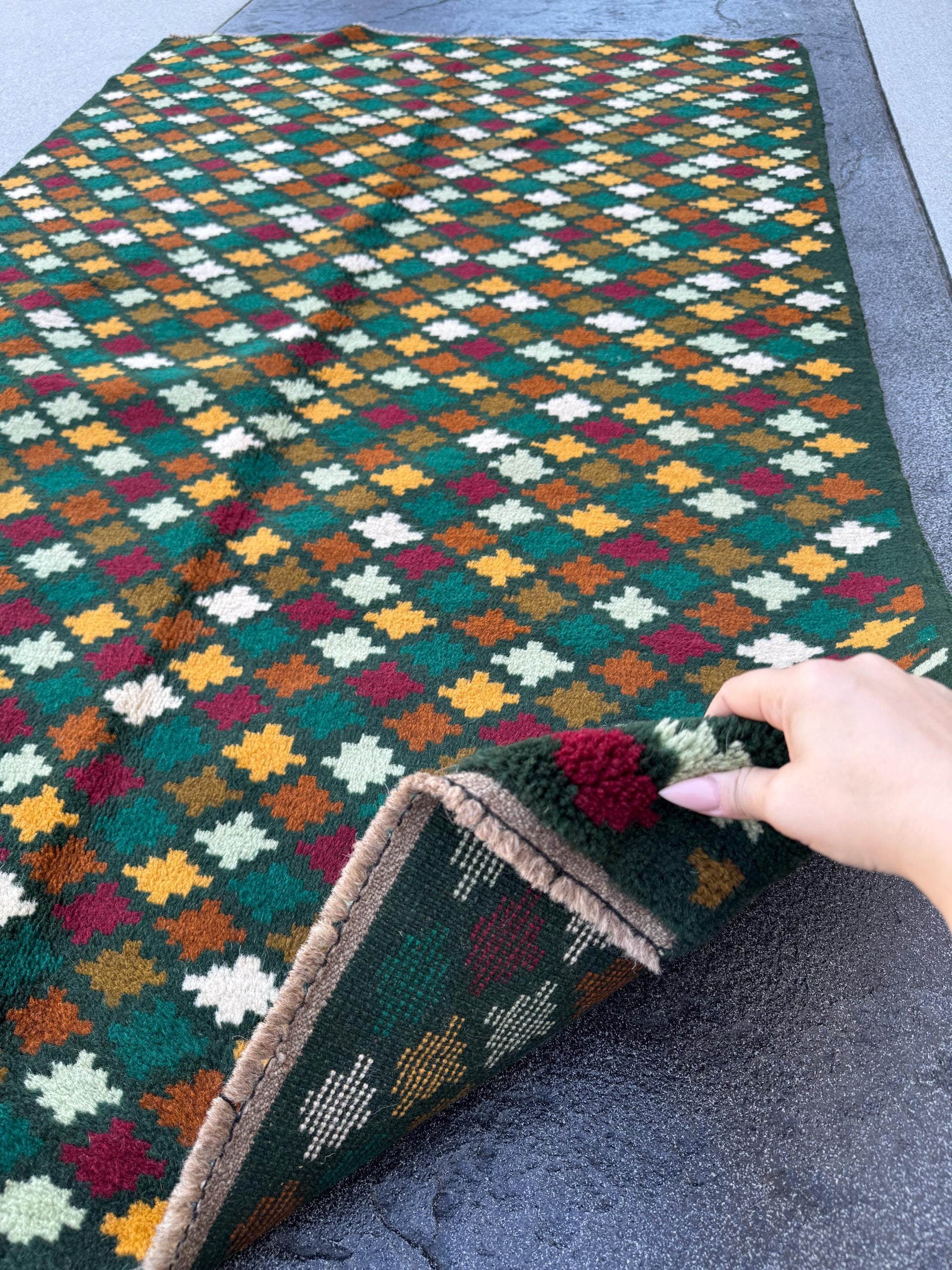 4x6 Handmade Vintage Afghan Baluch Rug | Forest Pine Mint Olive Green Mustard Yellow Gold Copper Brown Brick Red Burnt Orange | Flatwoven