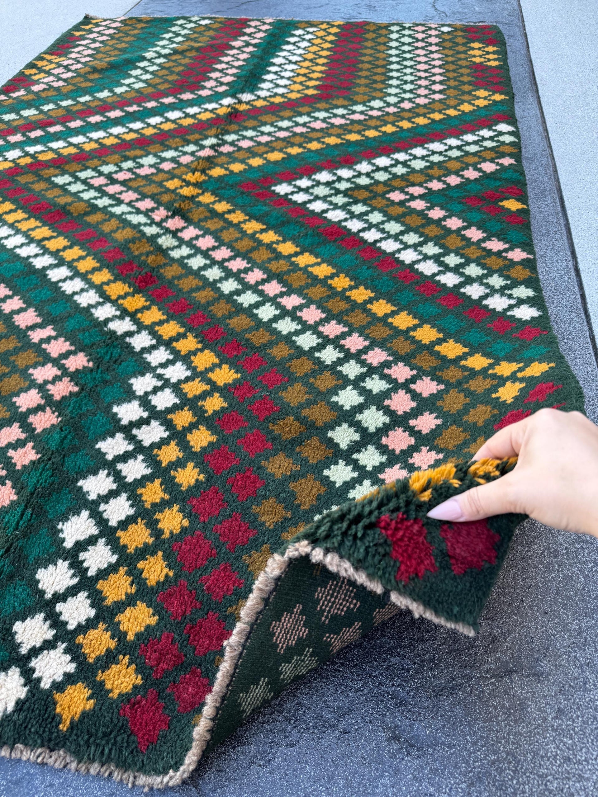 4x6 Handmade Vintage Afghan Baluch Rug | Pine Forest Olive Mint Green Brick Red White Mustard Yellow Gold Salmon Pink Peach Brick Red | Wool