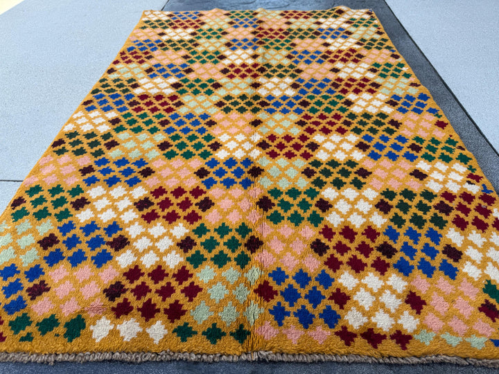 4x6 Handmade Vintage Afghan Baluch Rug | Mustard Yellow Gold Navy Blue Mint Forest Green Brick Red Salmon Pink Peach Maroon White | Wool