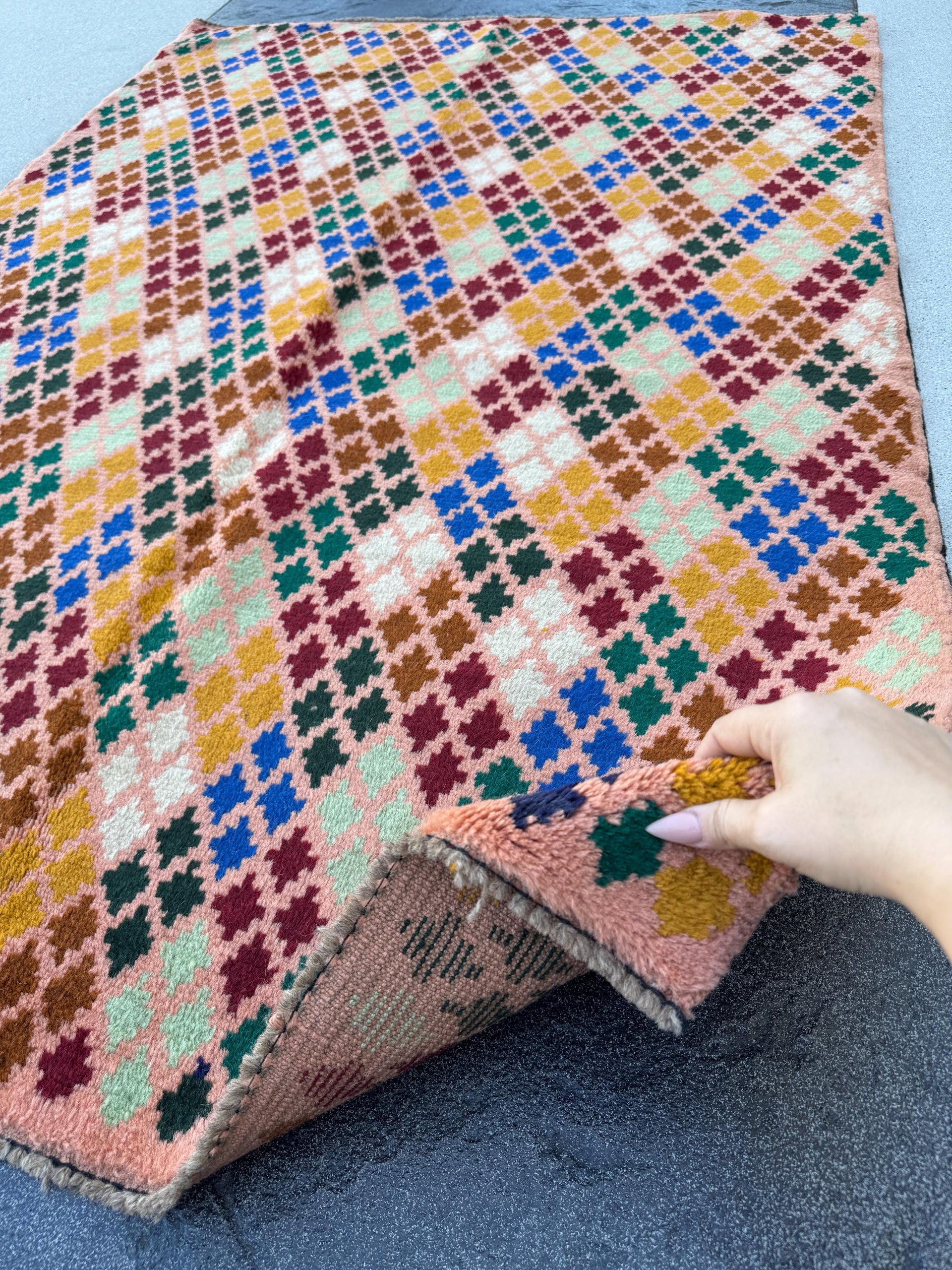 4x6 Handmade Vintage Afghan Baluch Rug | Salmon Pink Peach Forest Pine Mint Green Brick Red White Copper Brown Mustard Yellow Gold | Wool