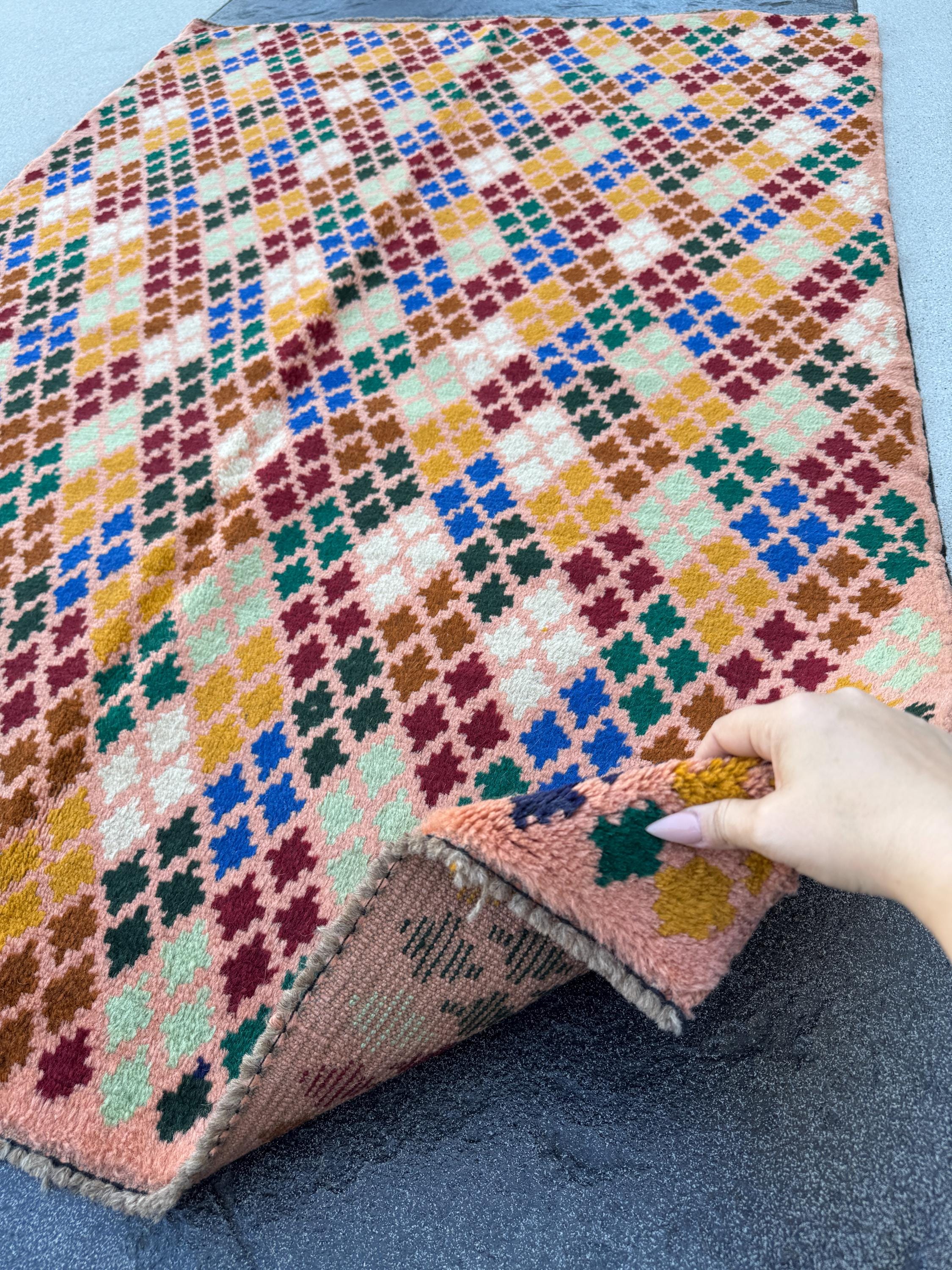 4x6 Handmade Vintage Afghan Baluch Rug | Salmon Pink Peach Forest Pine Mint Green Brick Red White Copper Brown Mustard Yellow Gold | Wool