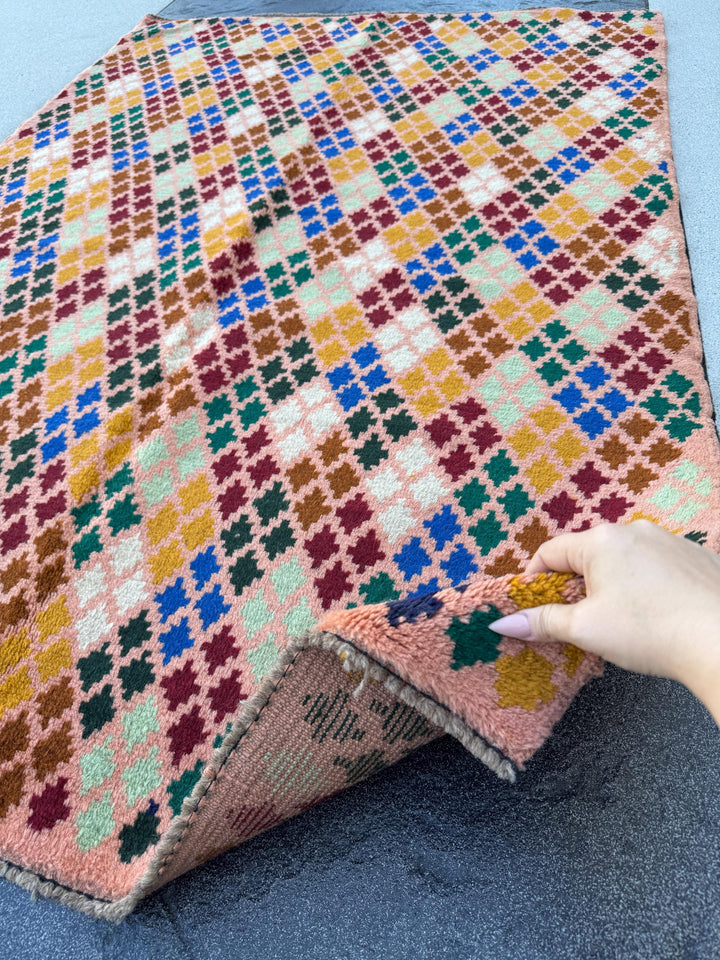 4x6 Handmade Vintage Afghan Baluch Rug | Salmon Pink Peach Forest Pine Mint Green Brick Red White Copper Brown Mustard Yellow Gold | Wool