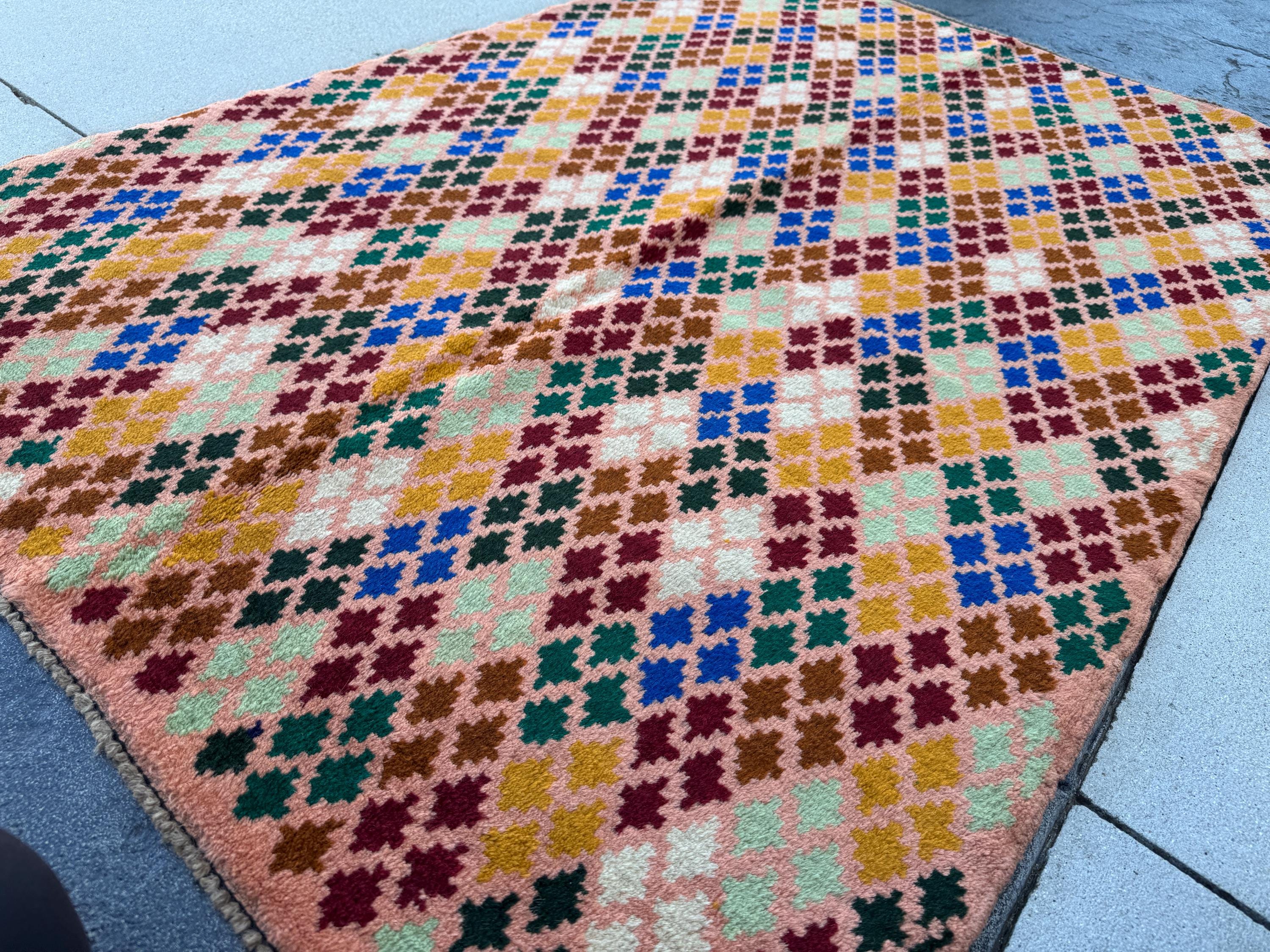 4x6 Handmade Vintage Afghan Baluch Rug | Salmon Pink Peach Forest Pine Mint Green Brick Red White Copper Brown Mustard Yellow Gold | Wool