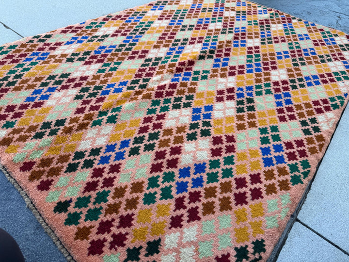 4x6 Handmade Vintage Afghan Baluch Rug | Salmon Pink Peach Forest Pine Mint Green Brick Red White Copper Brown Mustard Yellow Gold | Wool