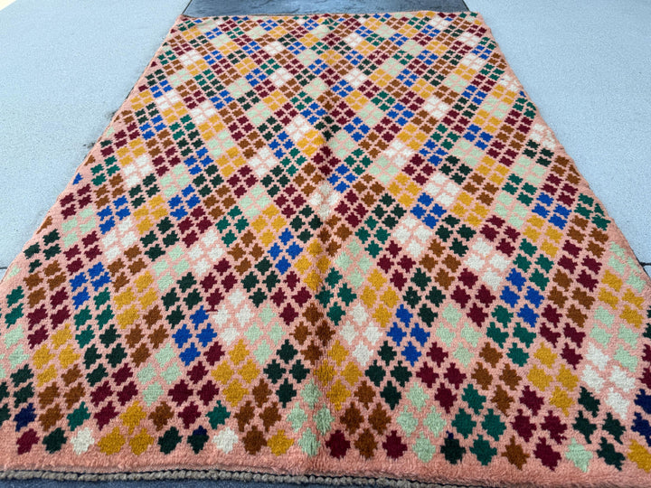 4x6 Handmade Vintage Afghan Baluch Rug | Salmon Pink Peach Forest Pine Mint Green Brick Red White Copper Brown Mustard Yellow Gold | Wool