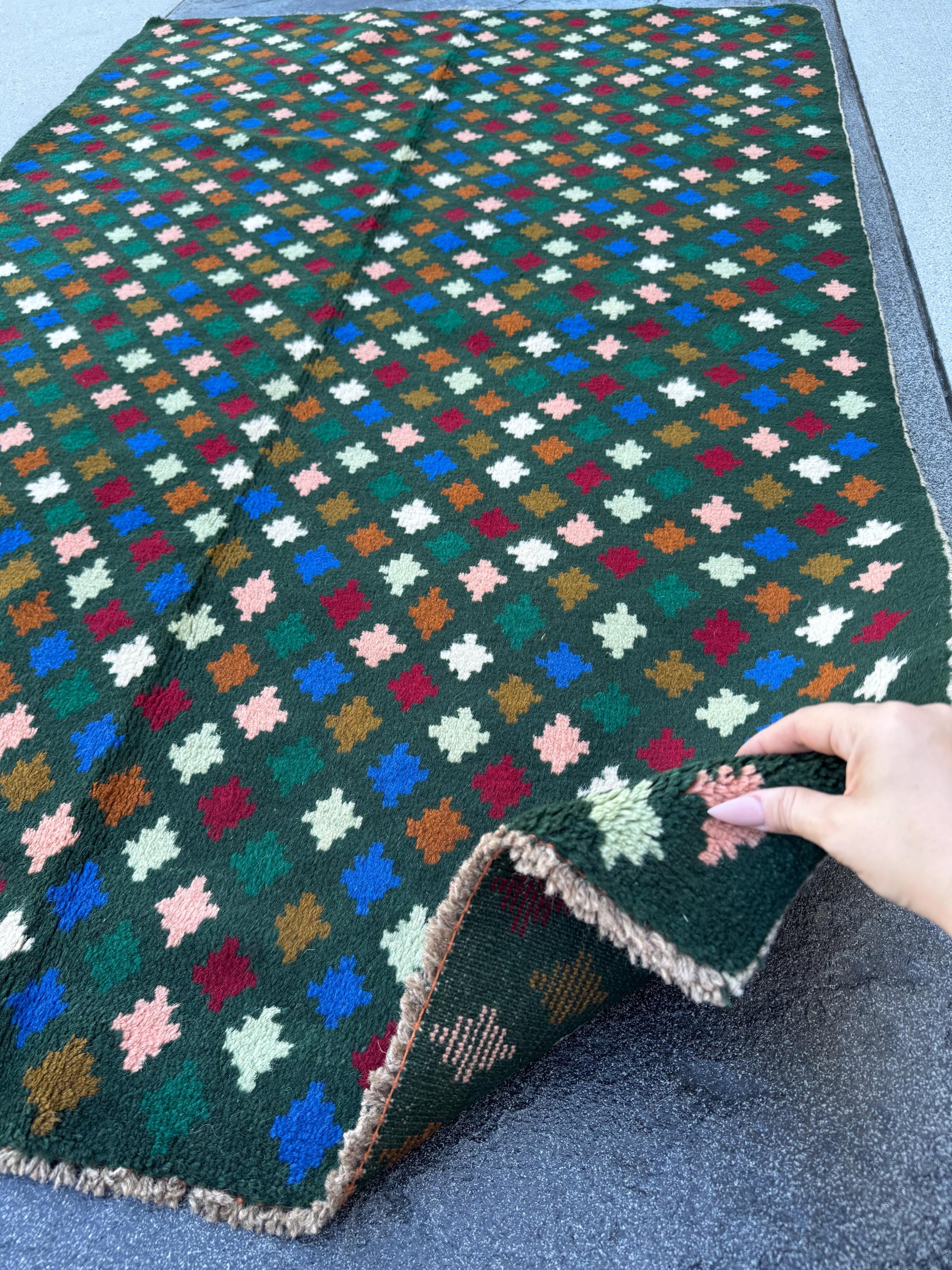 4x6 Handmade Vintage Afghan Baluch Rug | Forest Pine Mint Olive Green Navy Blue Salmon Pink Peach White Brick Red Copper Brown | Wool