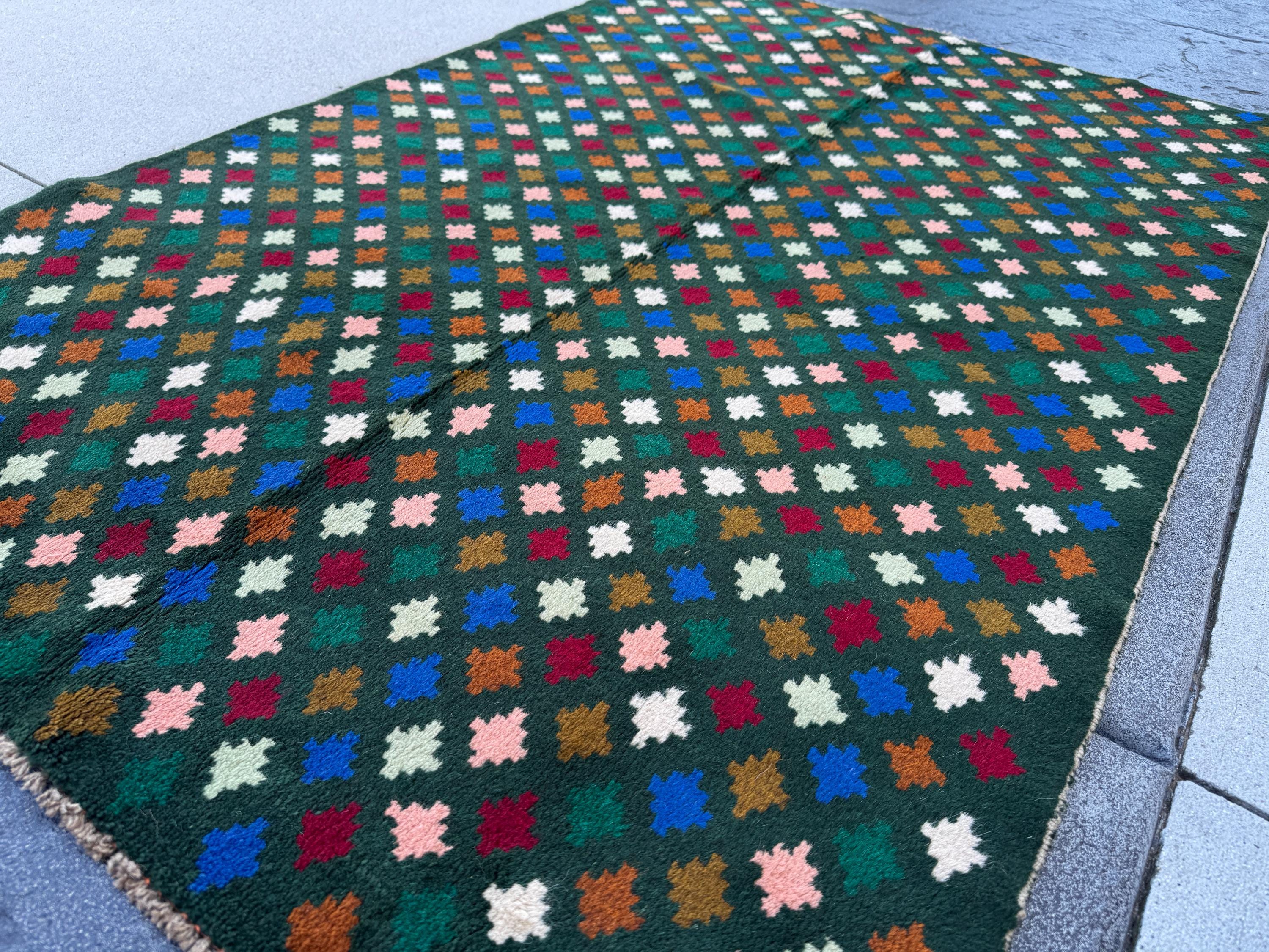 4x6 Handmade Vintage Afghan Baluch Rug | Forest Pine Mint Olive Green Navy Blue Salmon Pink Peach White Brick Red Copper Brown | Wool