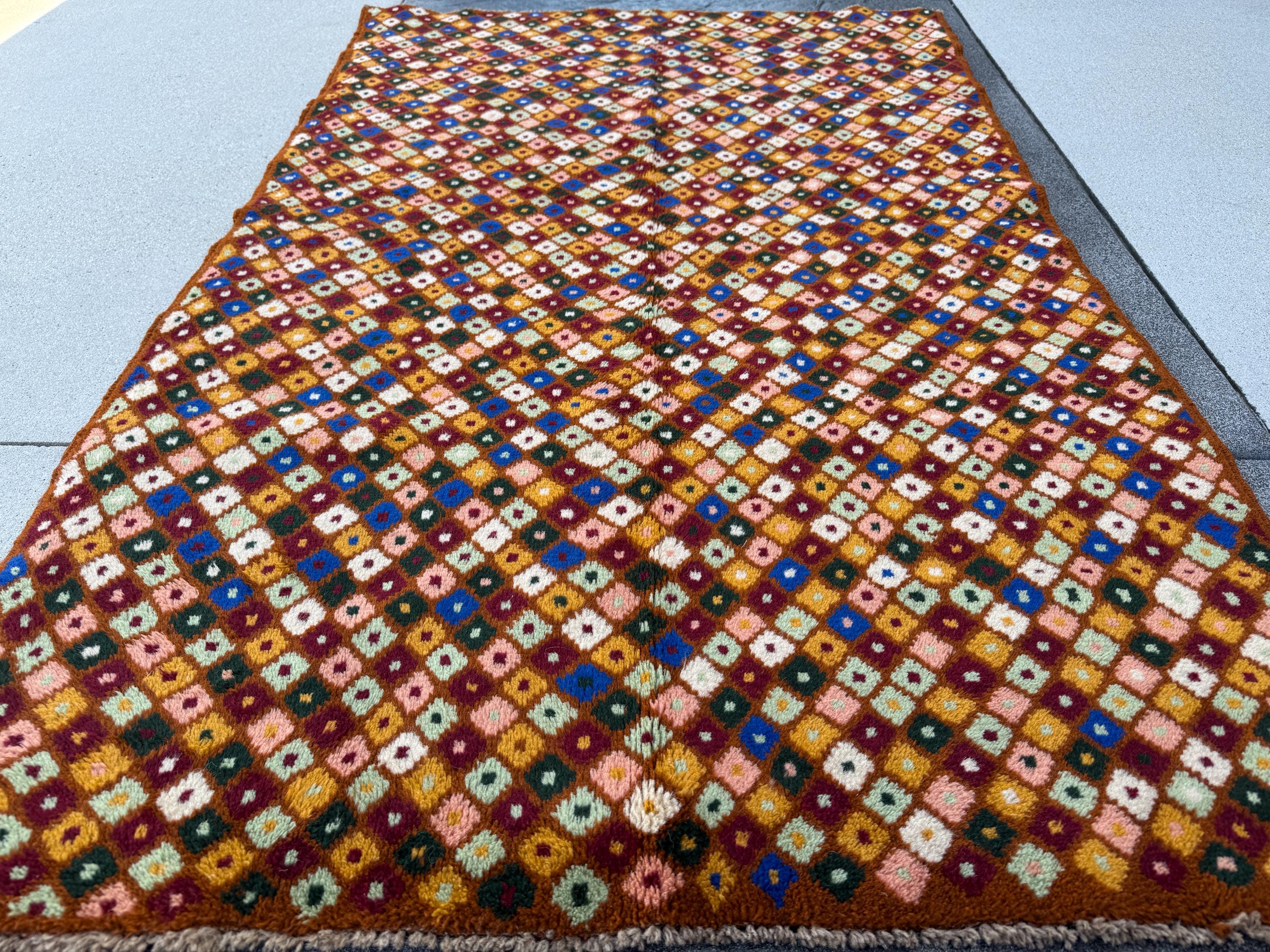 4x6 Handmade Vintage Afghan Baluch Rug | Chocolate Brown Brick Red White Pine Mint Green Salmon Pink Peach Mustard Yellow Gold Navy Blue