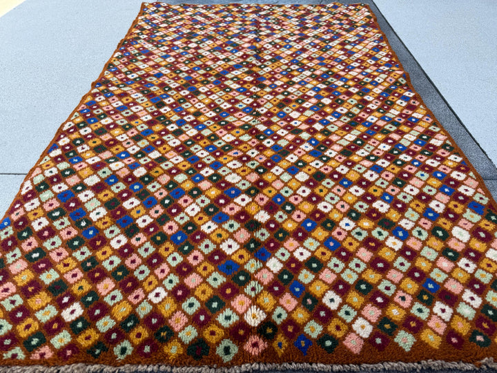 4x6 Handmade Vintage Afghan Baluch Rug | Chocolate Brown Brick Red White Pine Mint Green Salmon Pink Peach Mustard Yellow Gold Navy Blue