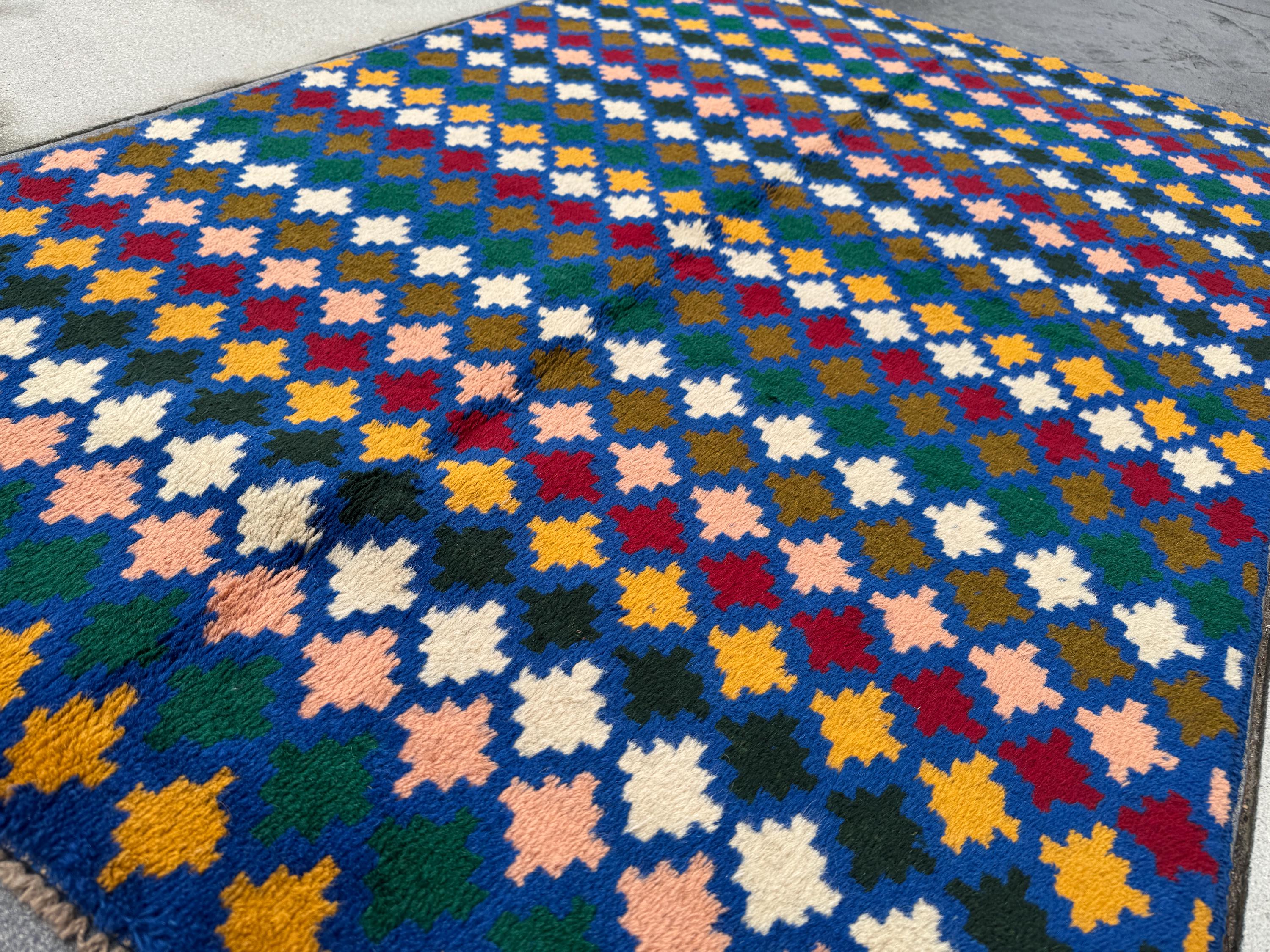 4x6 Handmade Vintage Afghan Baluch Rug | Navy Blue Forest Pine Olive Green Mustard Yellow Gold Brick Red White Salmon Pink Peach | Wool