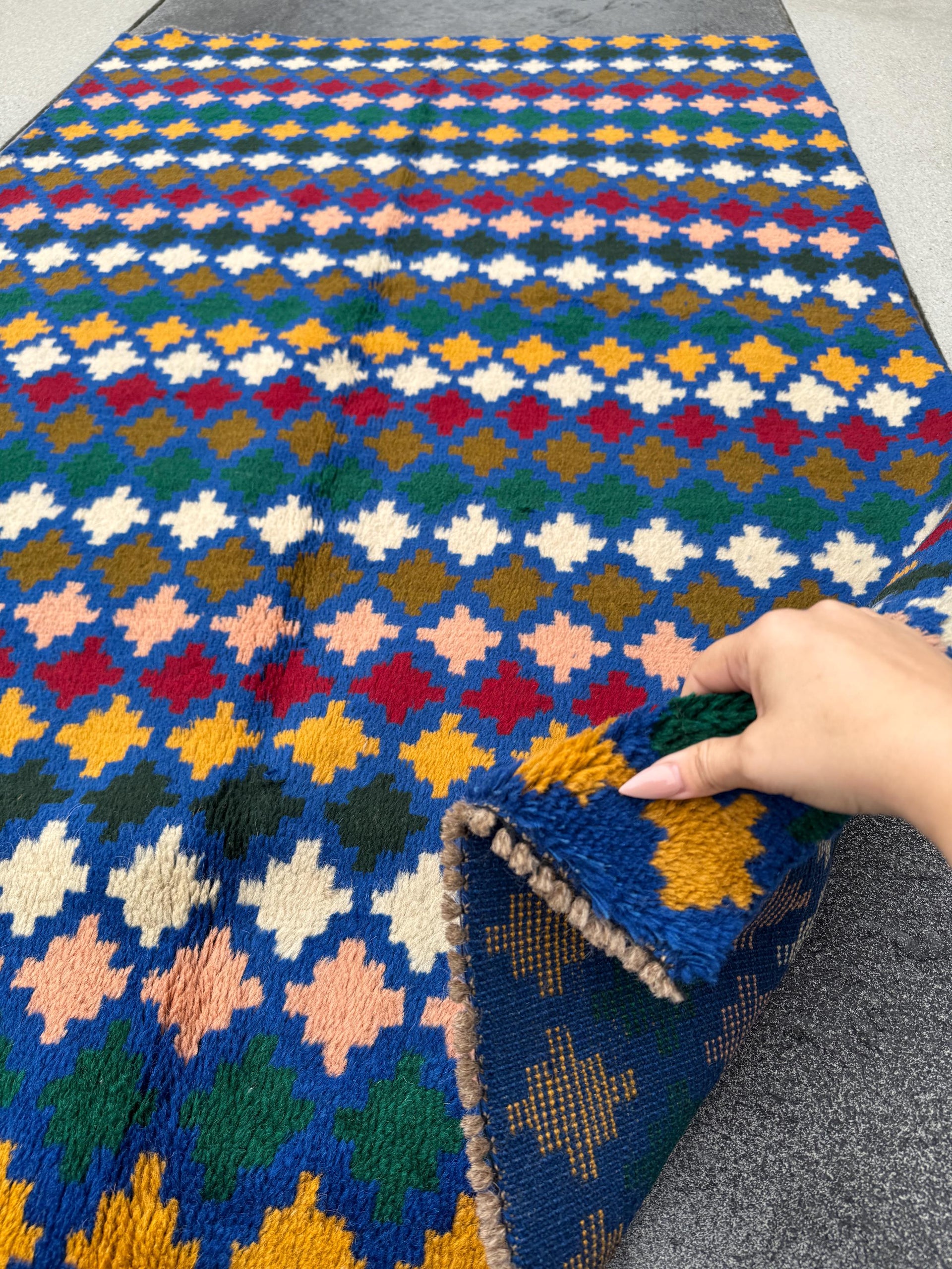 4x6 Handmade Vintage Afghan Baluch Rug | Navy Blue Forest Pine Olive Green Mustard Yellow Gold Brick Red White Salmon Pink Peach | Wool